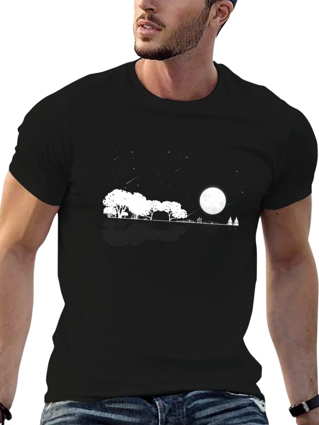 Mens Black T-Shirt with Moonlit Landscape Design
