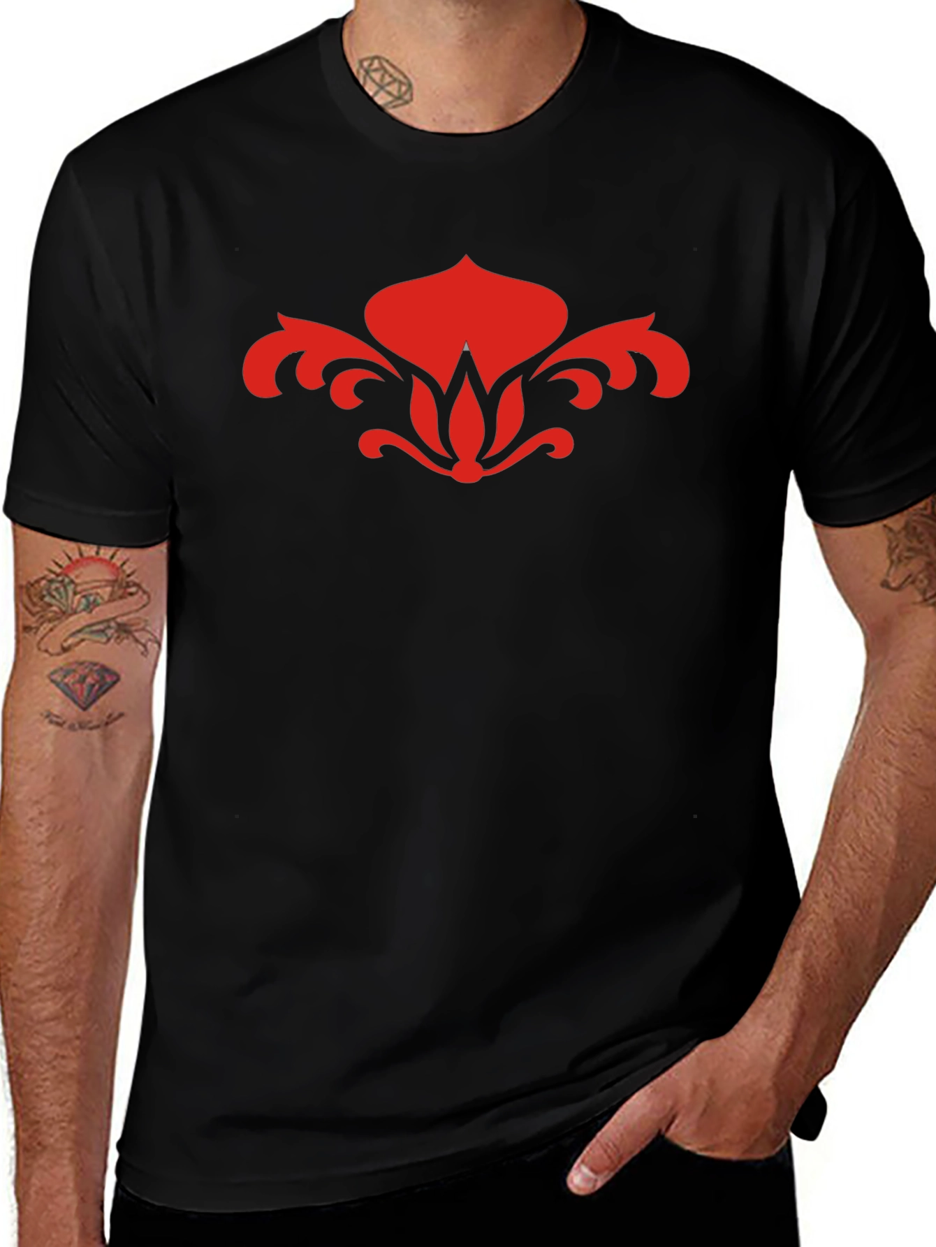 Red Floral Graphic Black T-Shirt