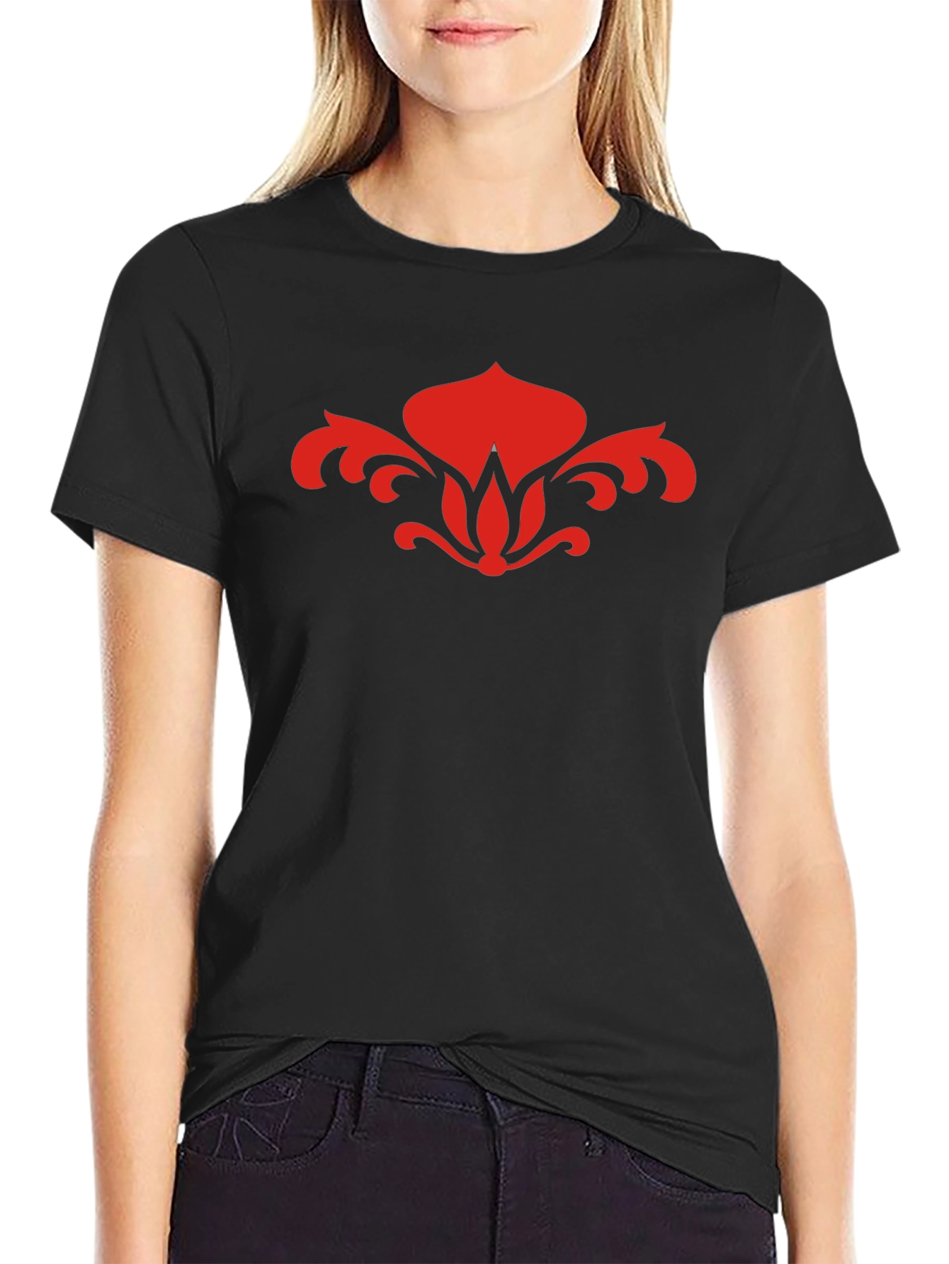 Red Floral Graphic Black T-Shirt