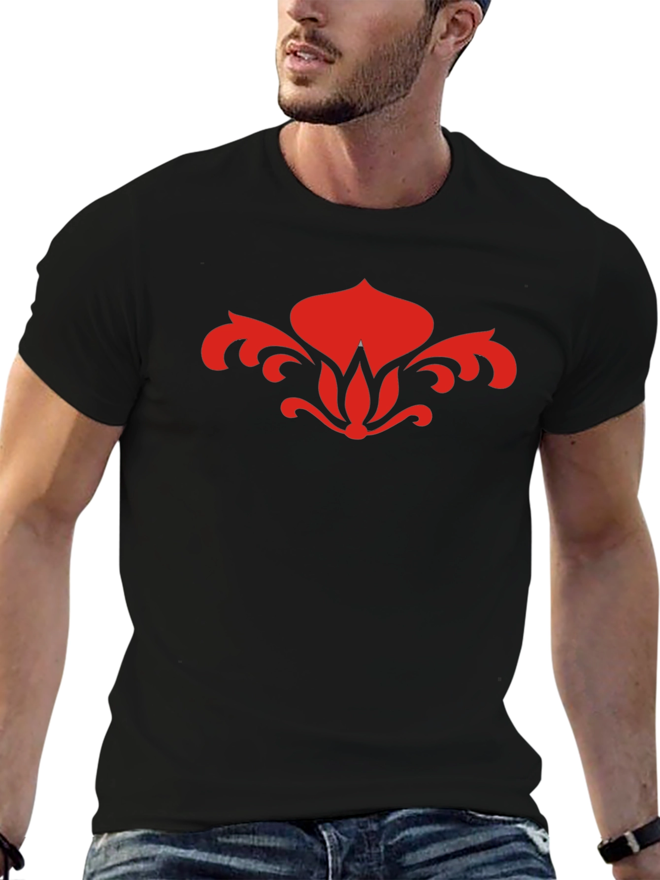 Red Floral Graphic Black T-Shirt