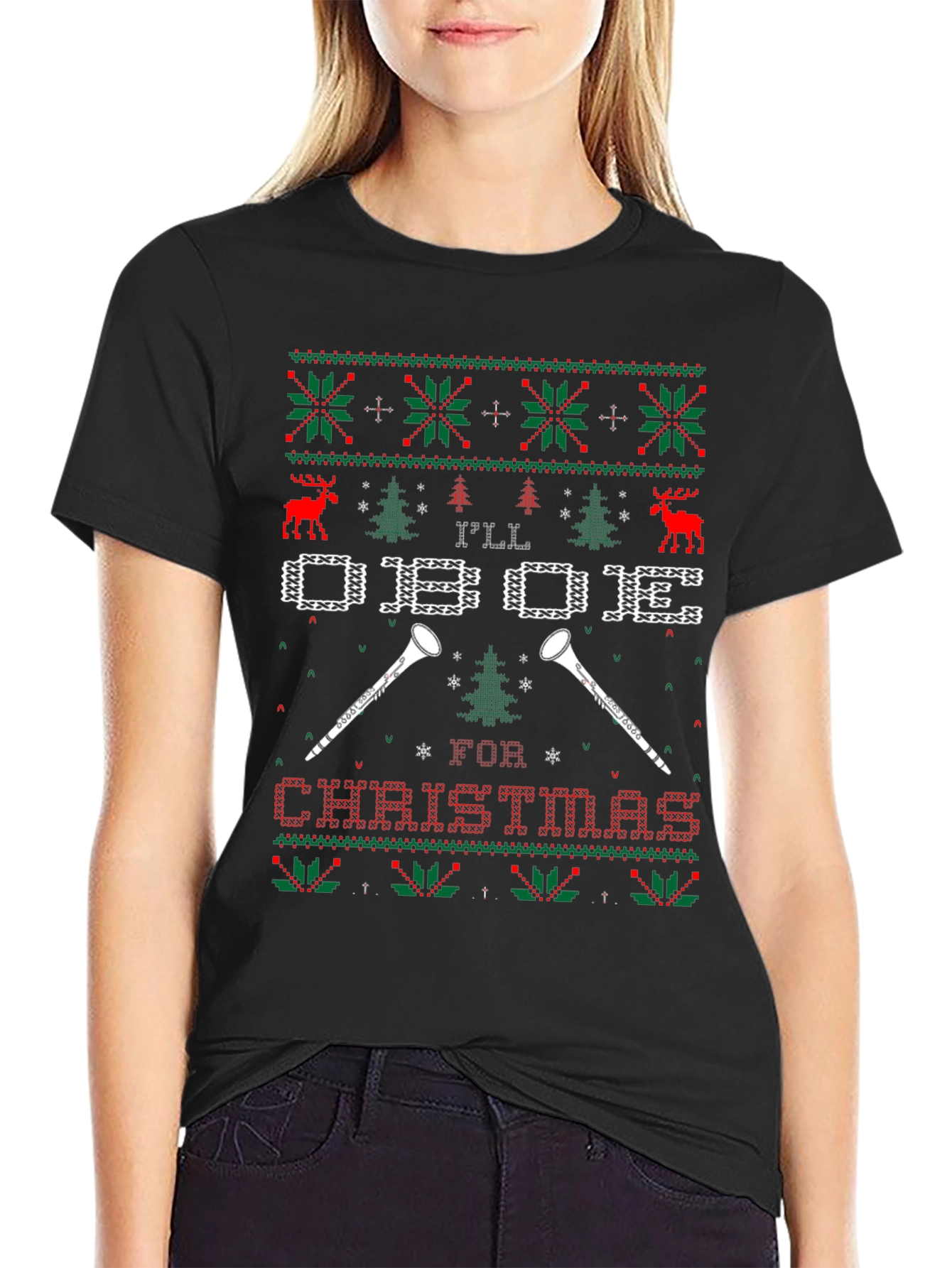 Oboe Christmas Holiday Ugly Sweater Style T-Shirt