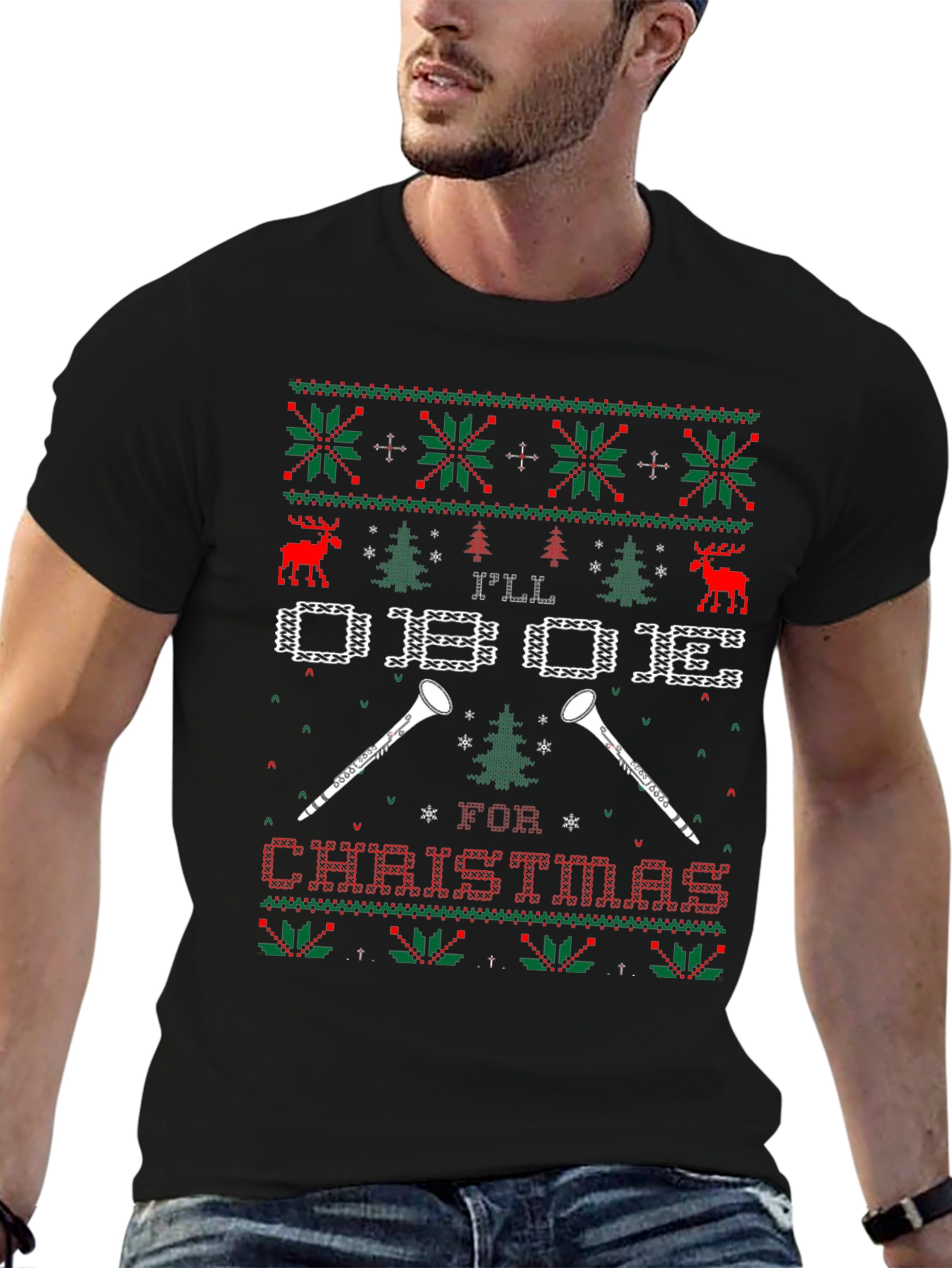 Oboe Christmas Holiday Ugly Sweater Style T-Shirt