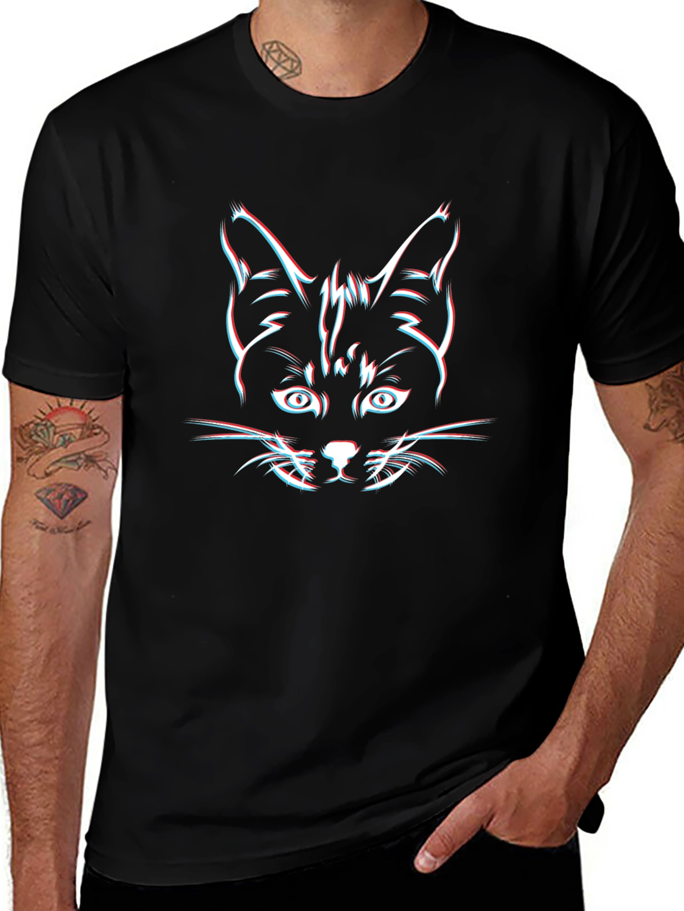 Cool Cat 3D Glitch Graphic Black T-Shirt