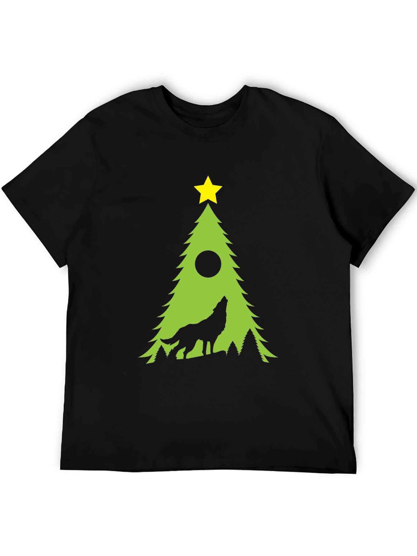 Wolf Howling Christmas Tree Black T-Shirt