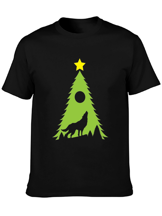 Wolf Howling Christmas Tree Black T-Shirt