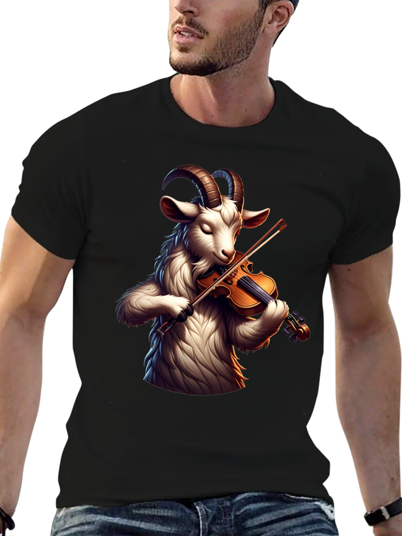 Goat Violinist Graphic Tee - Black Casual T-Shirt