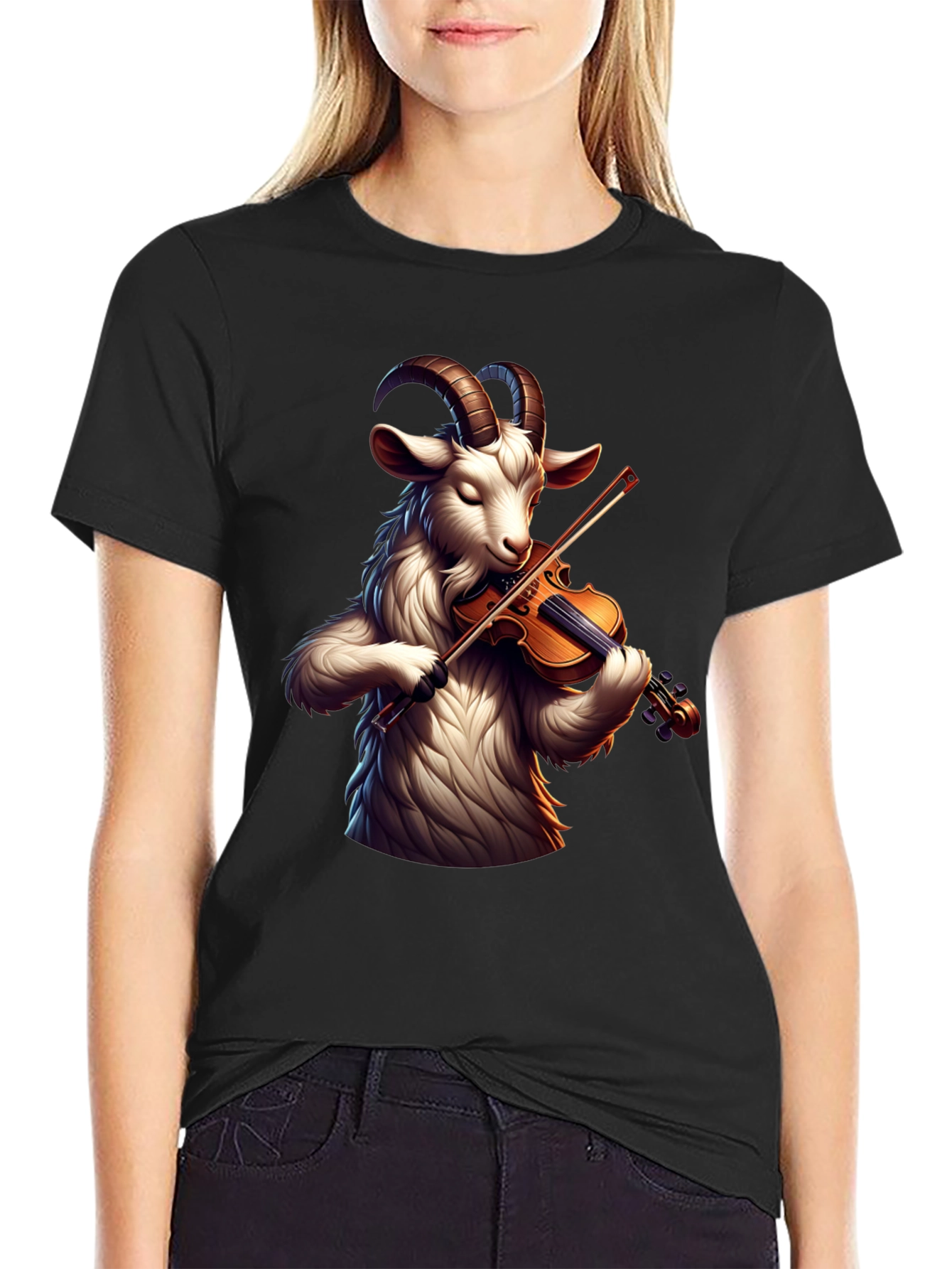 Goat Violinist Graphic Tee - Black Casual T-Shirt