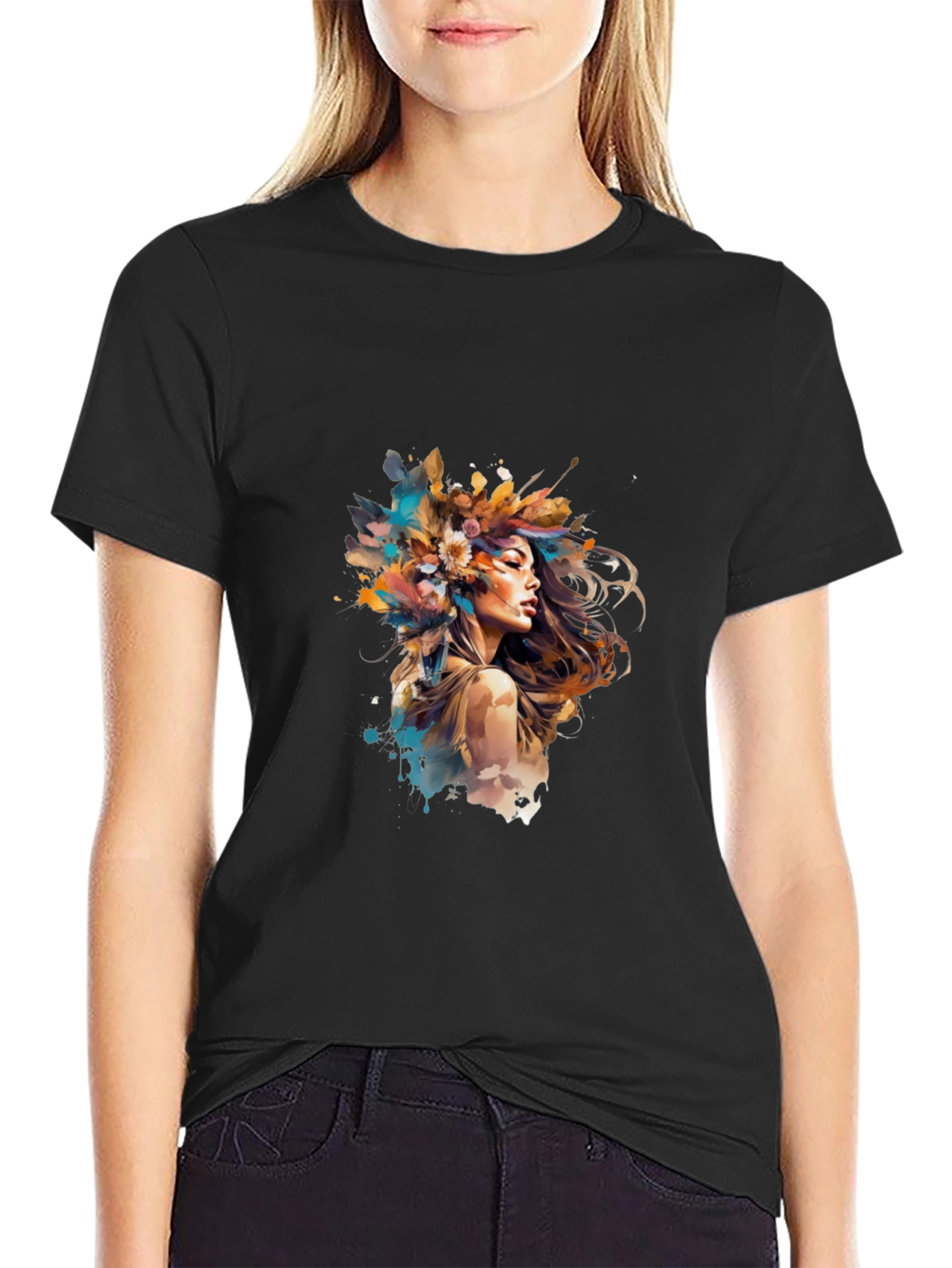 Artistic Woman Graphic Tee - Black