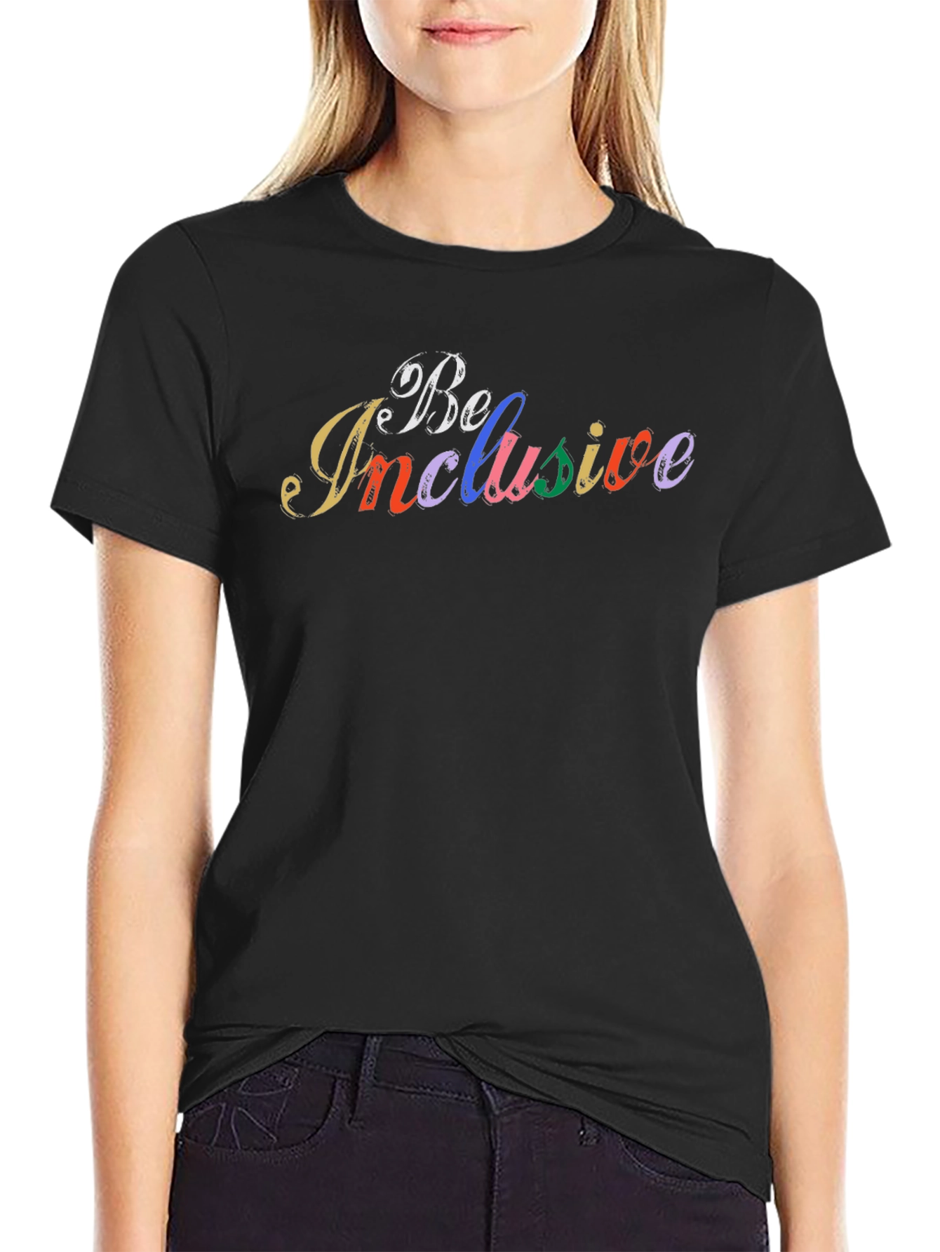 Be Inclusive Rainbow Text Black T-Shirt