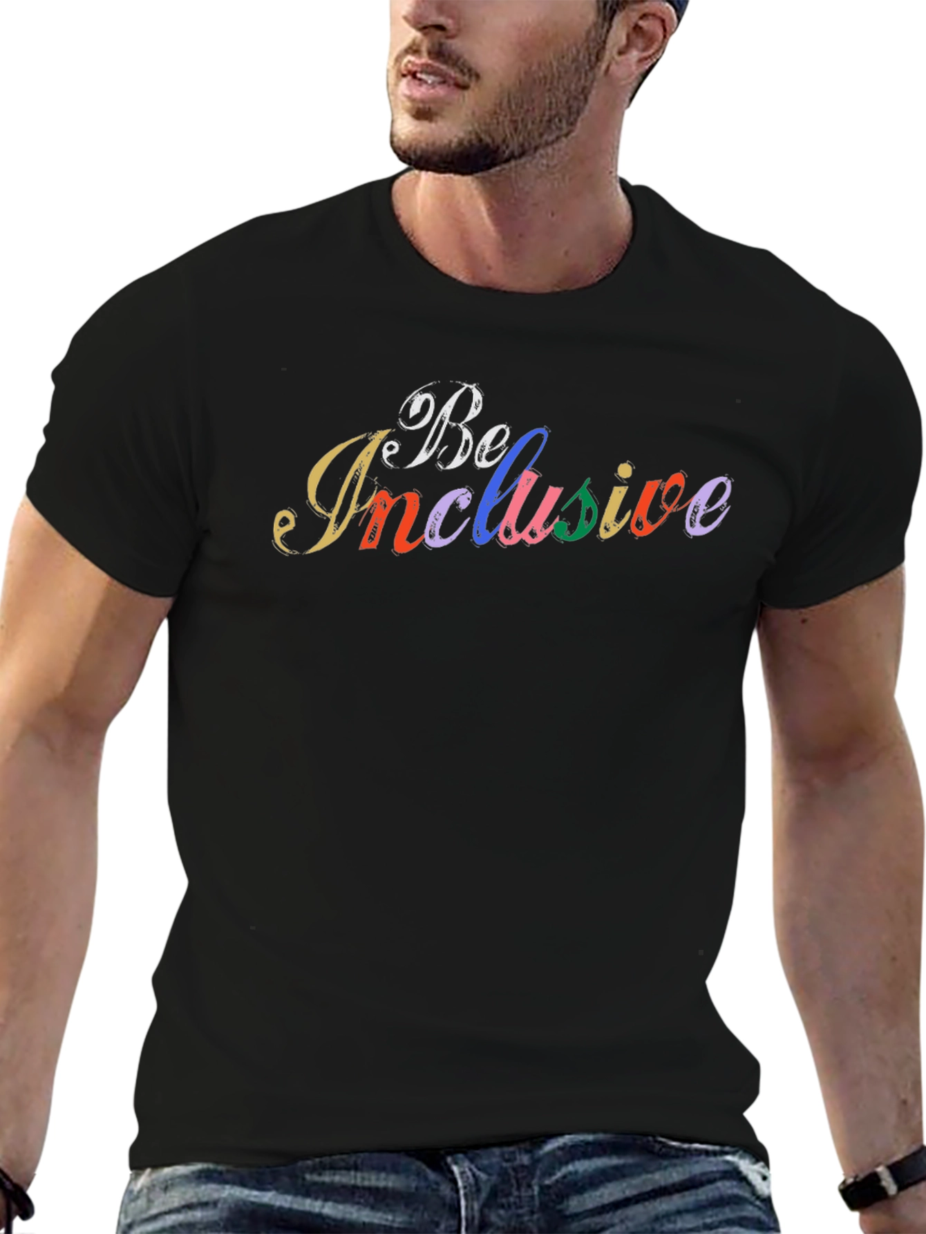 Be Inclusive Rainbow Text Black T-Shirt