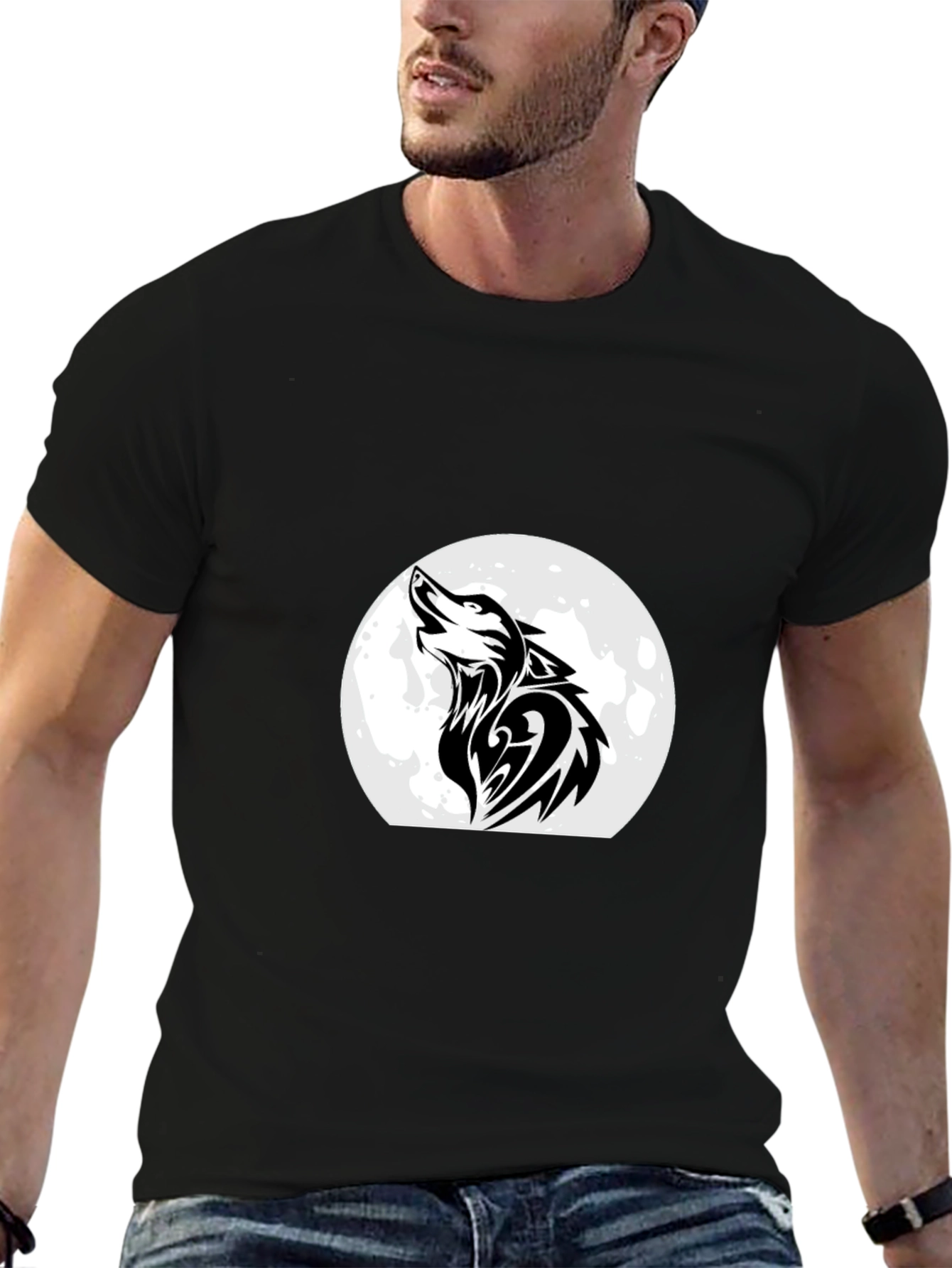 Wolf Howling at Moon Black T-Shirt