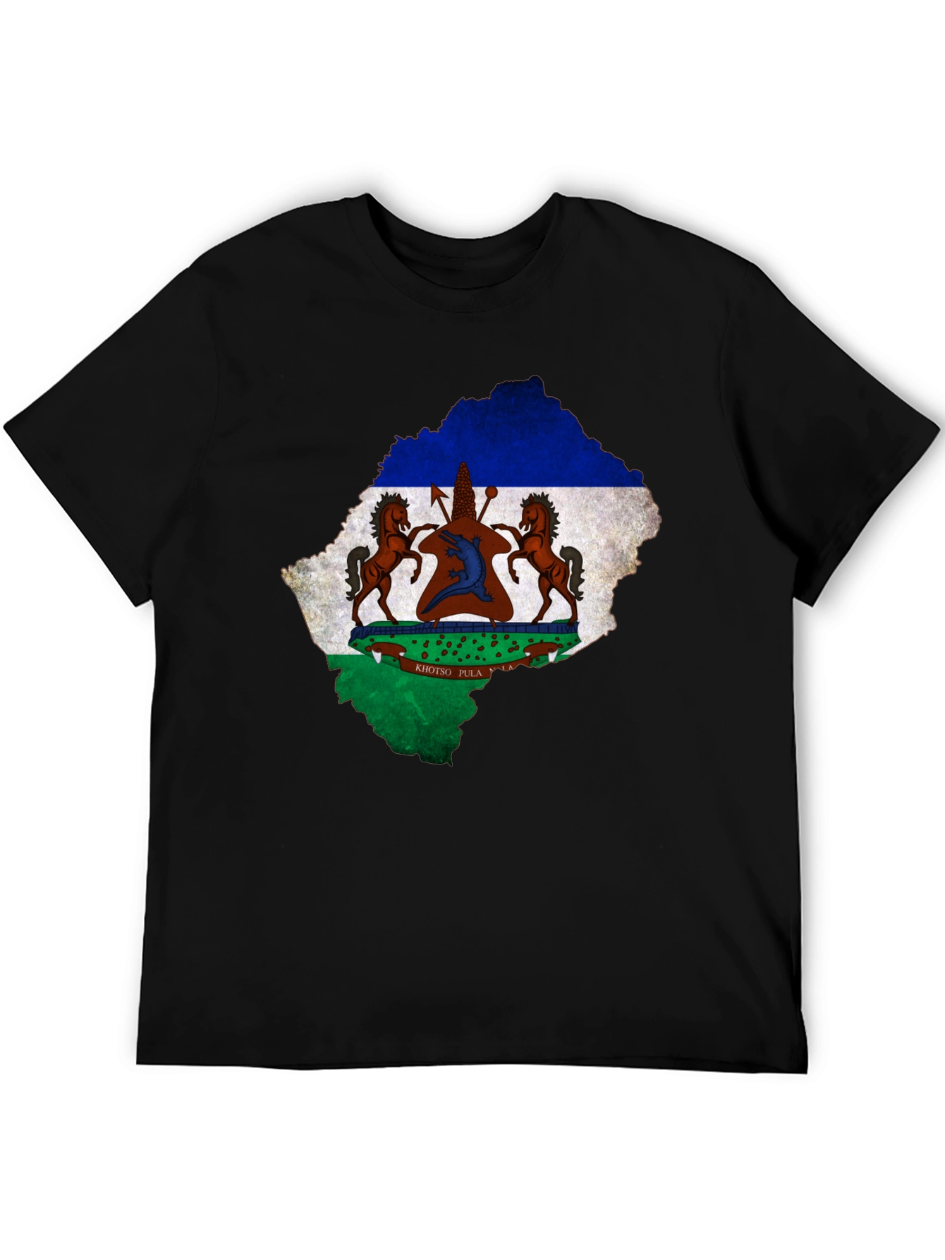 Lesotho Flag Map T-Shirt Black Cotton Tee