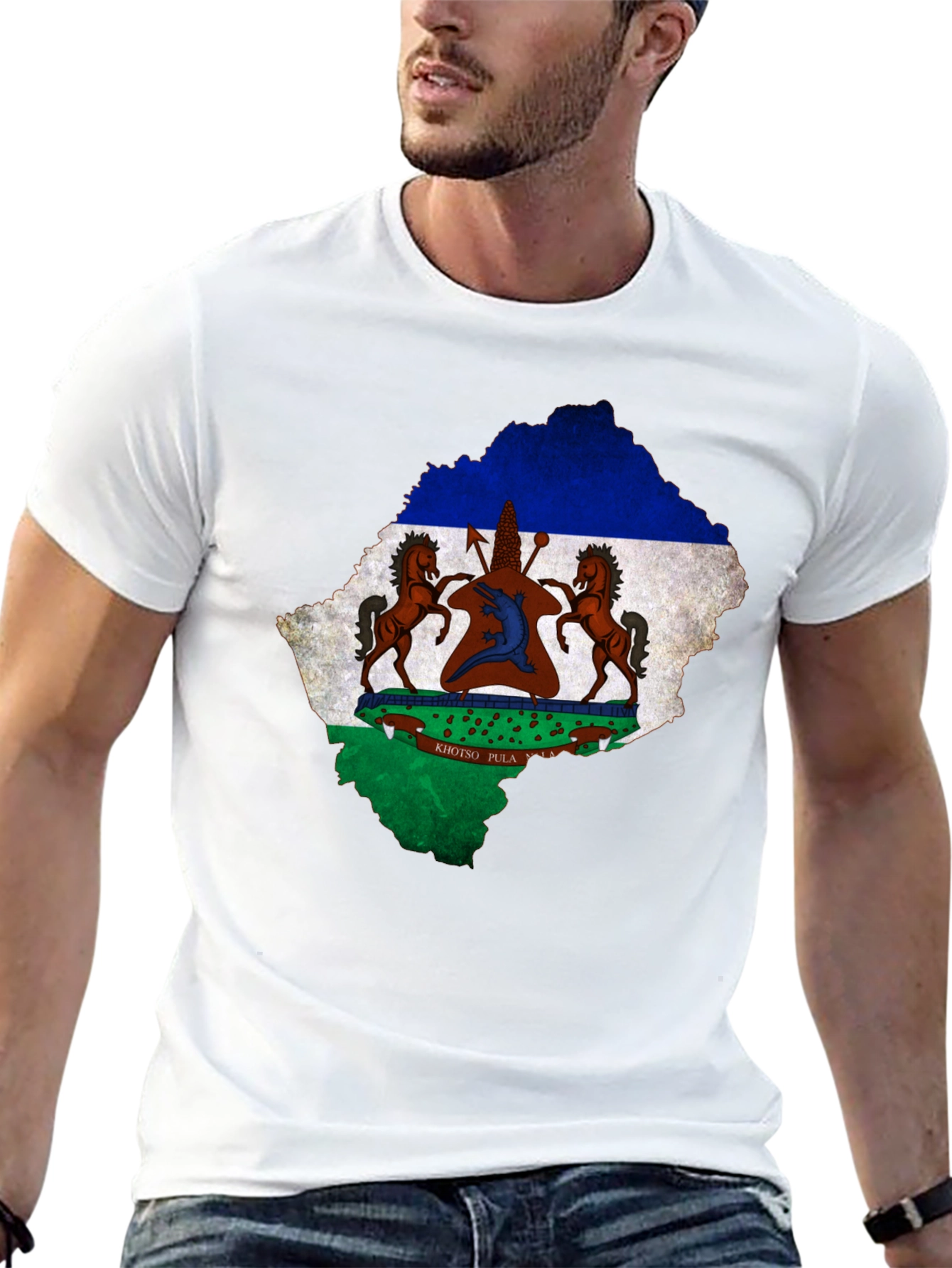 Lesotho Flag Map T-Shirt Black Cotton Tee