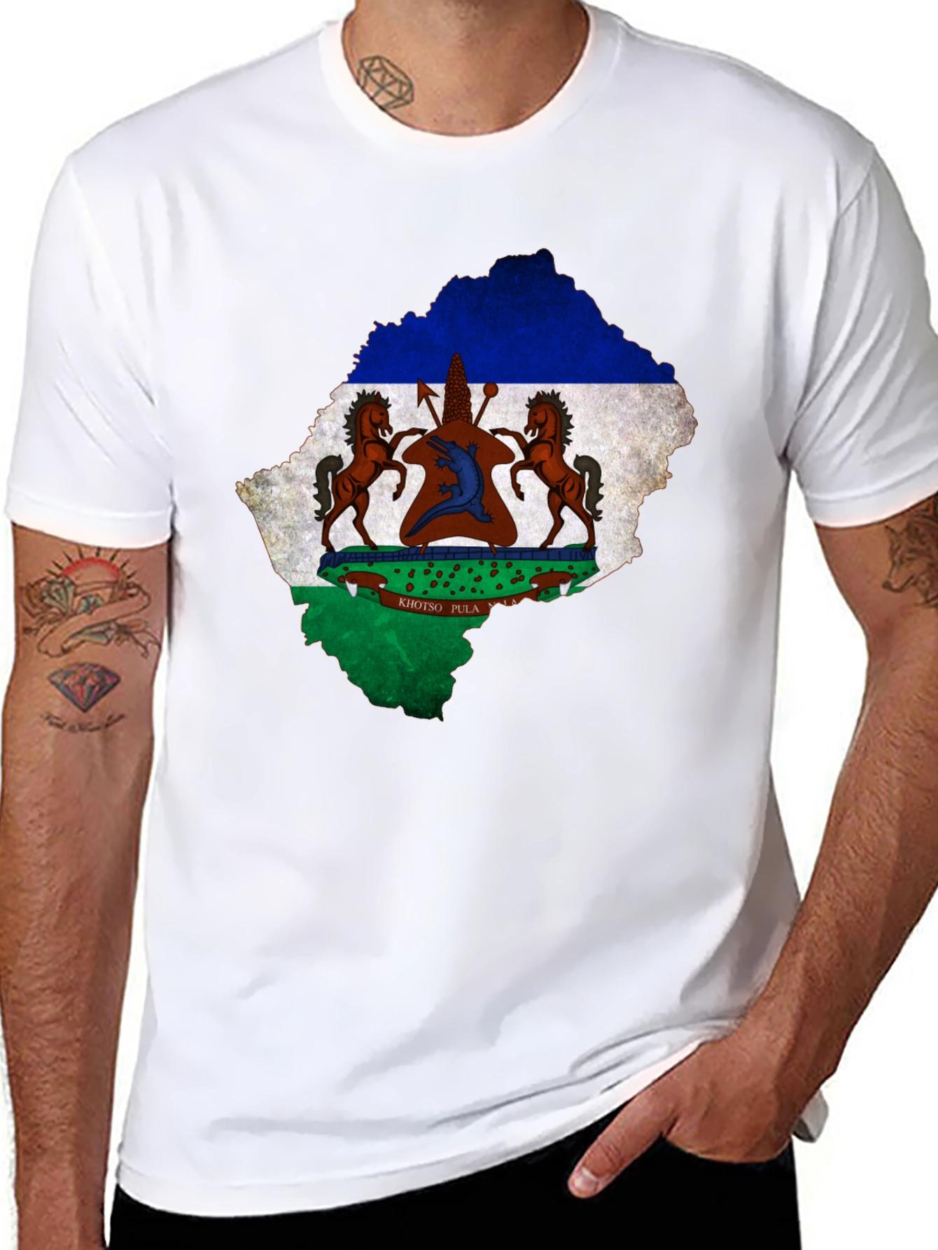 Lesotho Flag Map T-Shirt Black Cotton Tee
