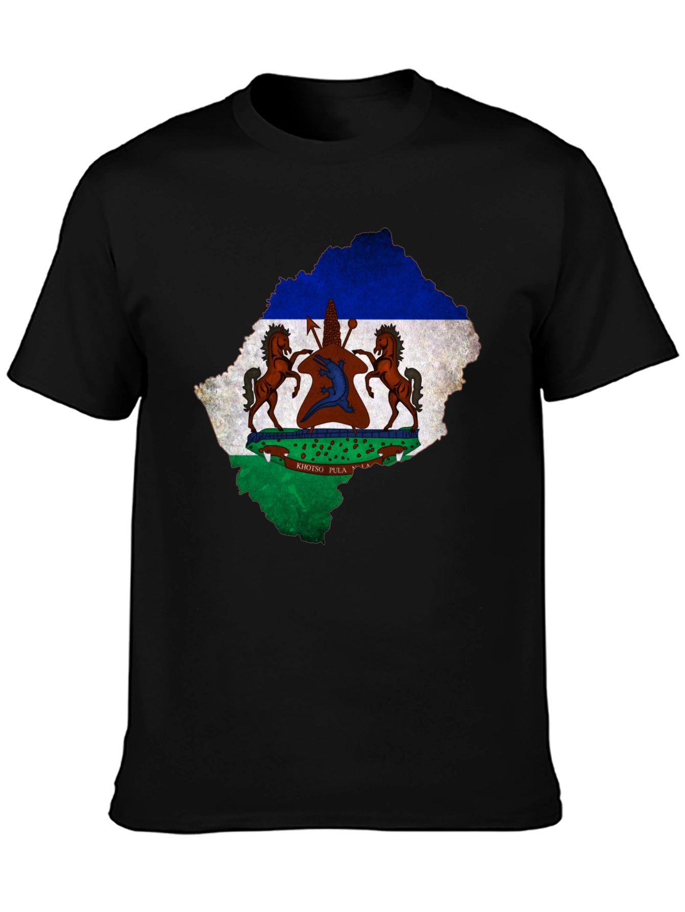 Lesotho Flag Map T-Shirt Black Cotton Tee