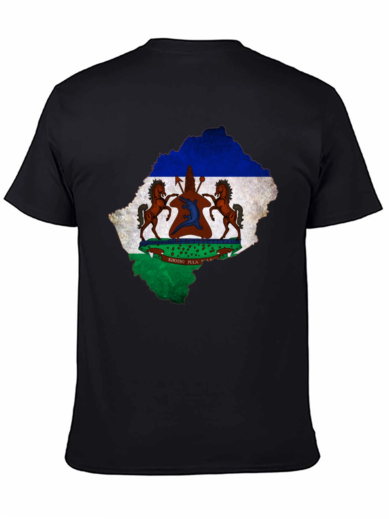 Lesotho Flag Map T-Shirt Black Cotton Tee