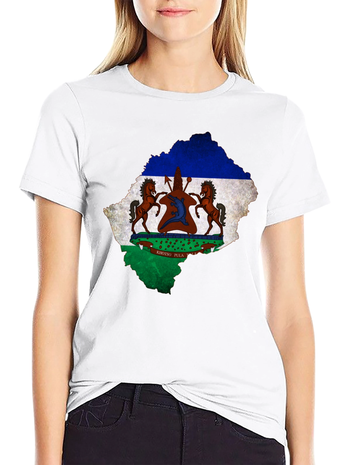 Lesotho Flag Map T-Shirt Black Cotton Tee