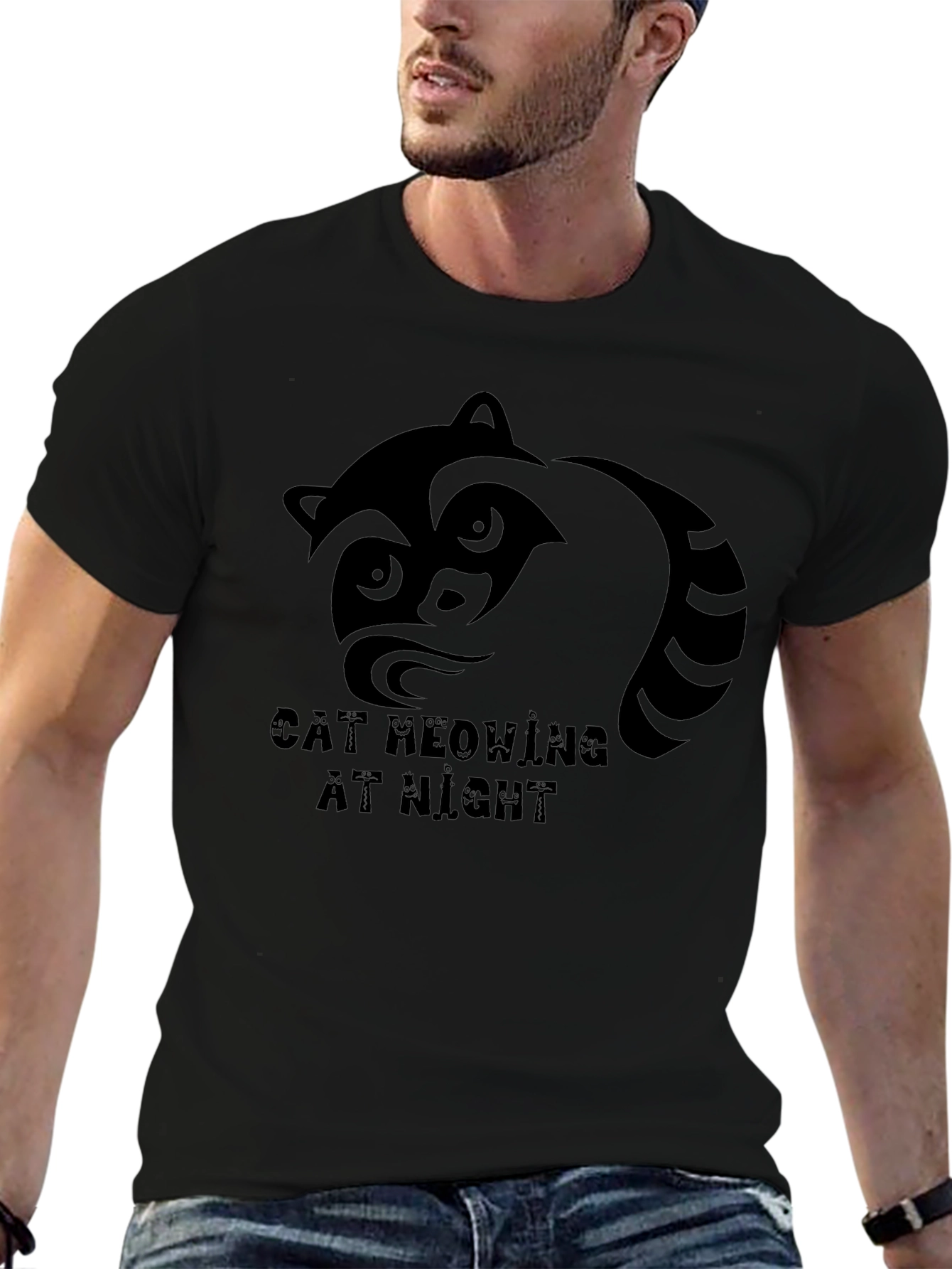 Raccoon Graphic T-Shirt - Cat Meowing At Night Tee