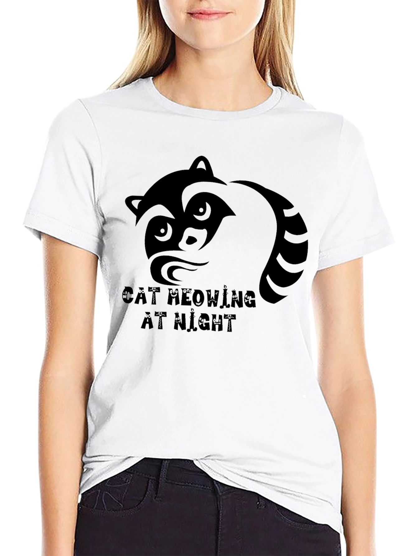 Raccoon Graphic T-Shirt - Cat Meowing At Night Tee
