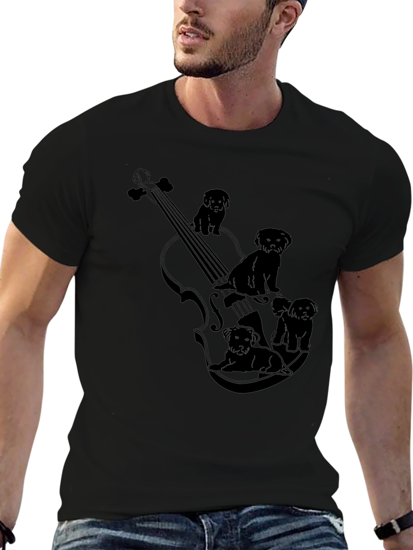 Violin & Puppies Graphic Black T-Shirt