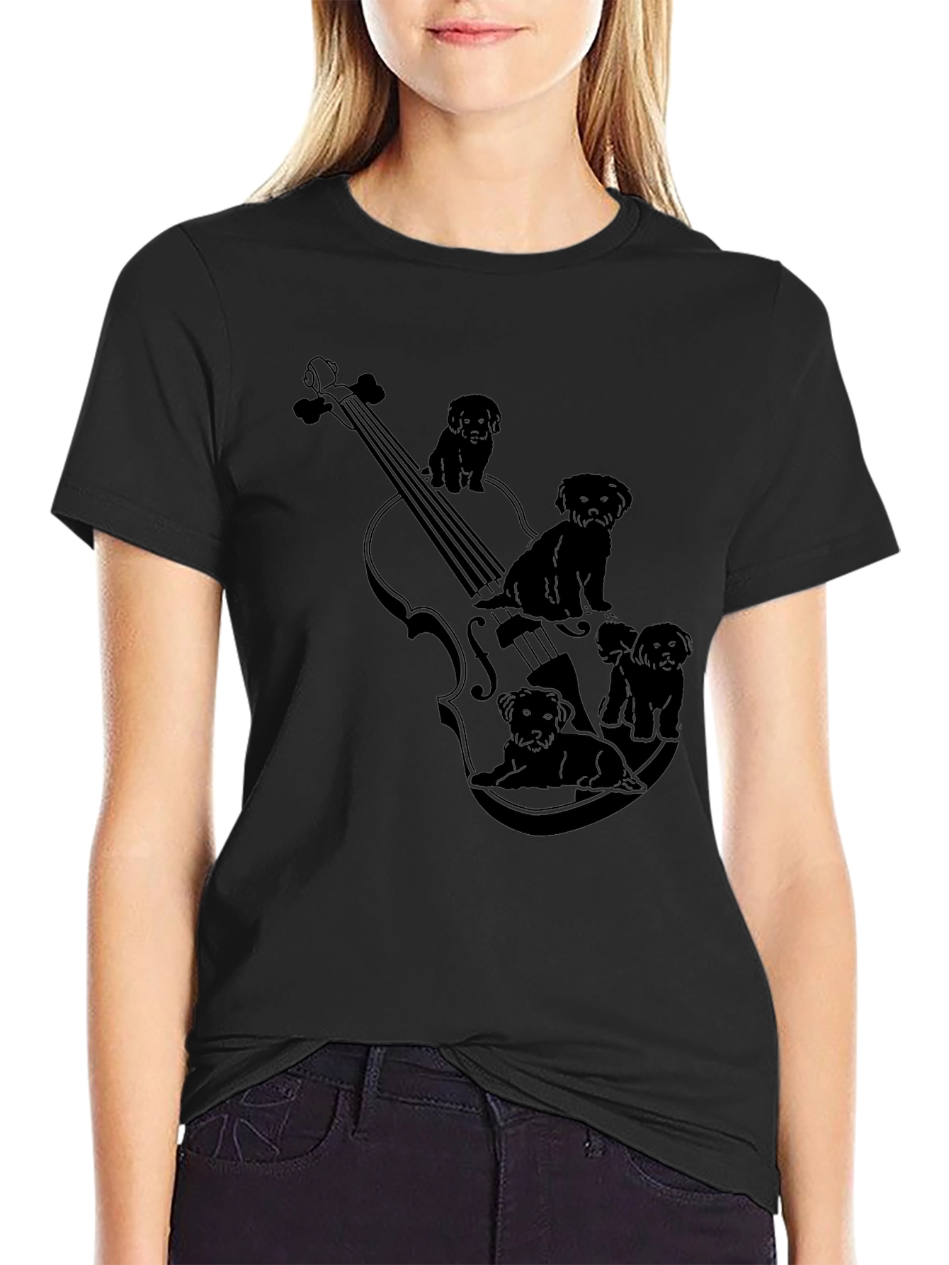 Violin & Puppies Graphic Black T-Shirt