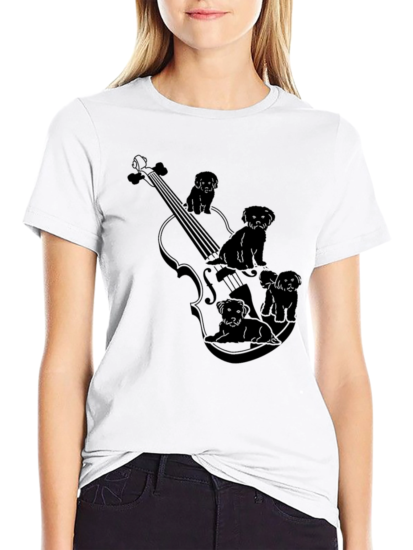 Violin & Puppies Graphic Black T-Shirt