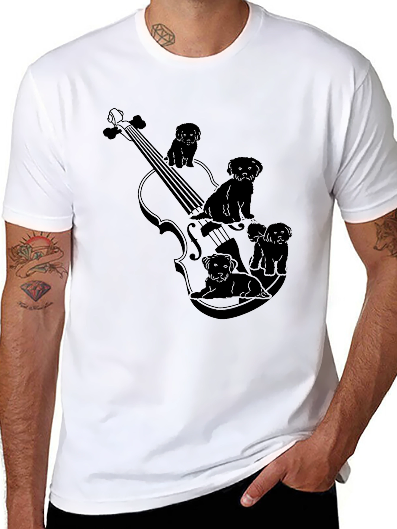 Violin & Puppies Graphic Black T-Shirt