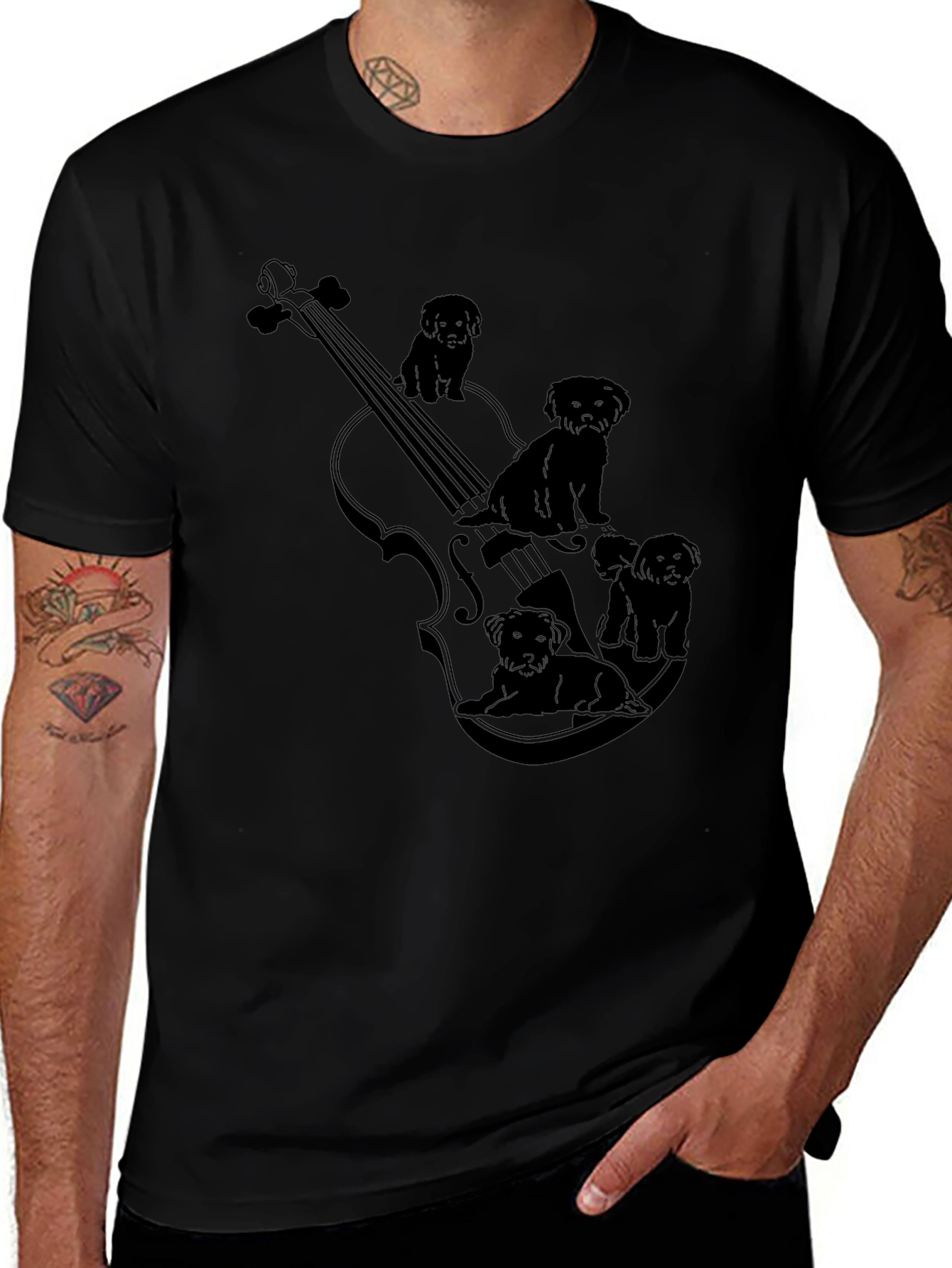 Violin & Puppies Graphic Black T-Shirt