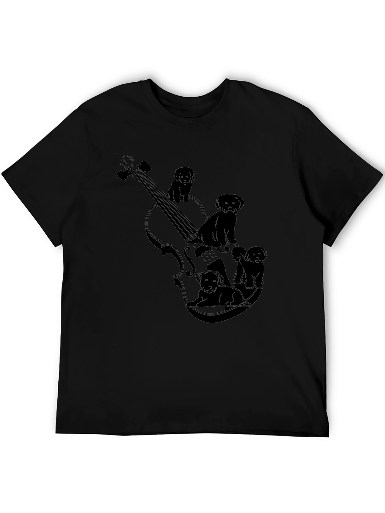 Violin & Puppies Graphic Black T-Shirt