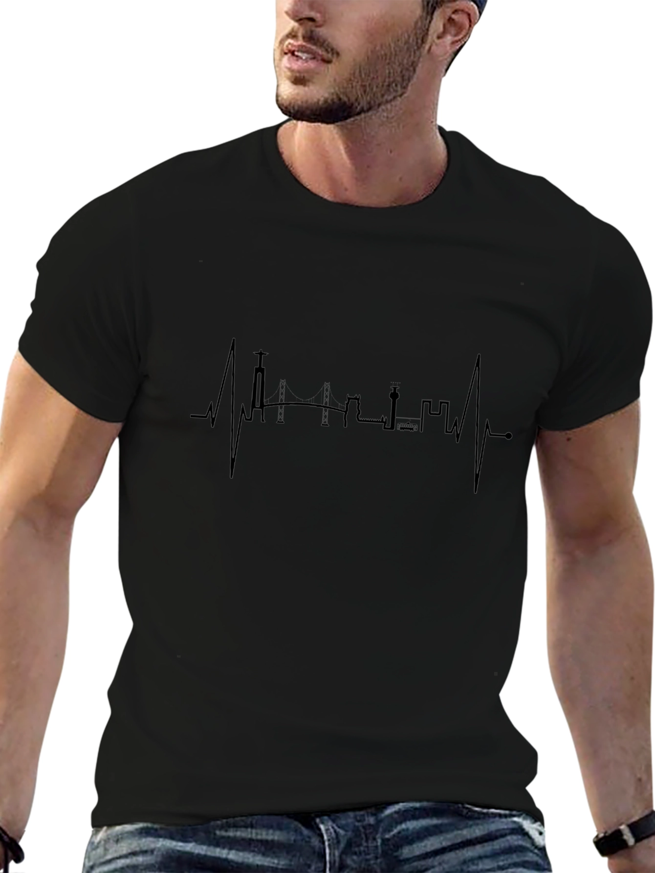 Lisbon Skyline Heartbeat T-Shirt - Black