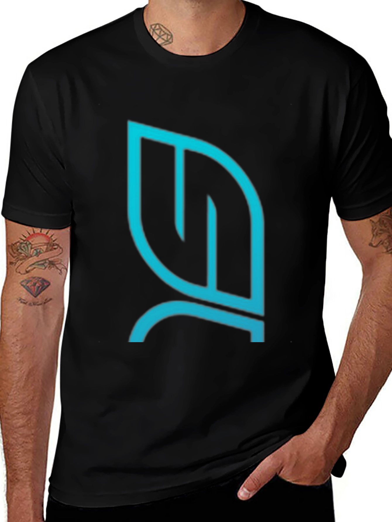 Modern Teal Leaf Logo Black T-Shirt
