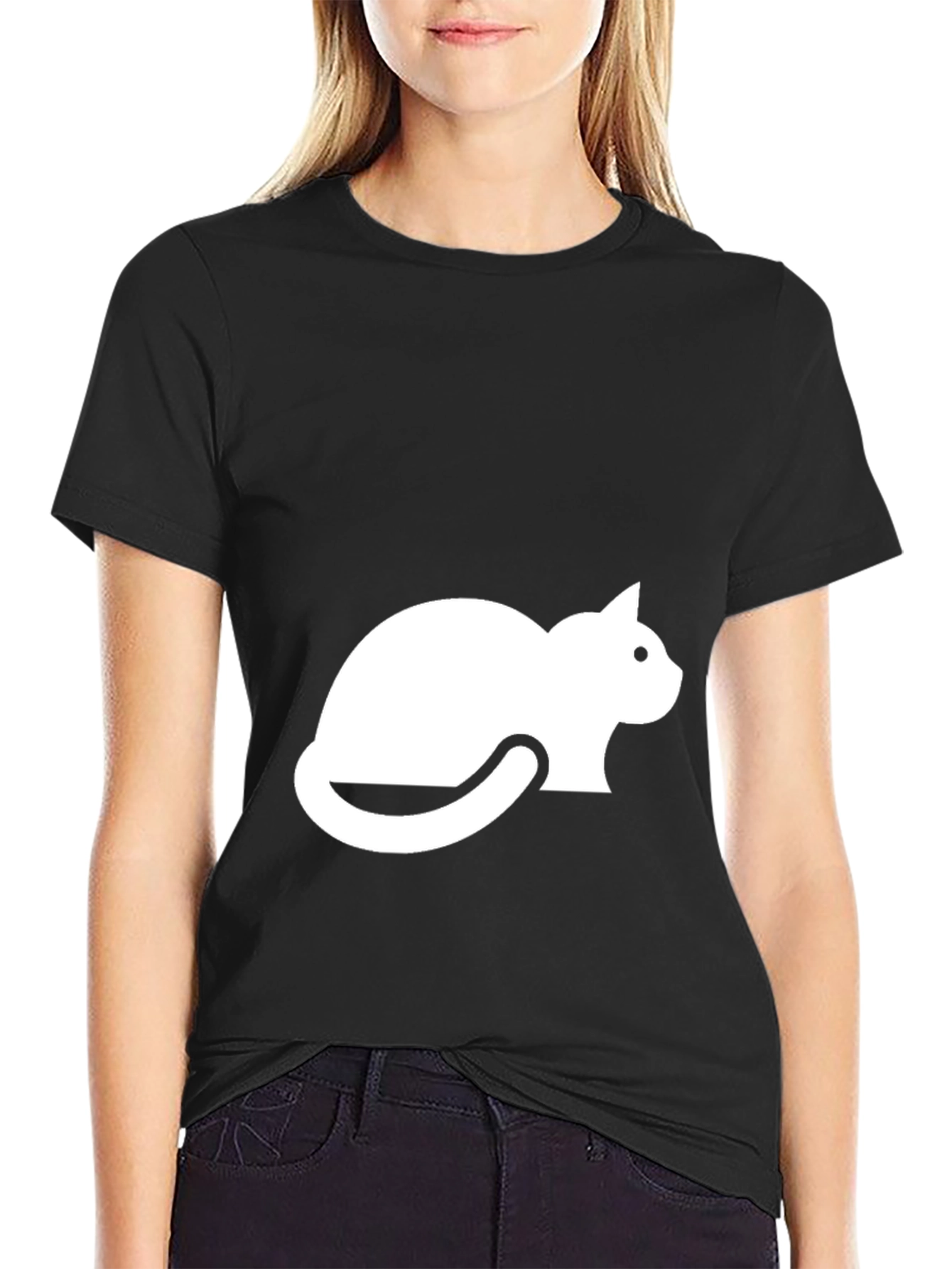 Mens Black T-shirt with White Cat Graphic