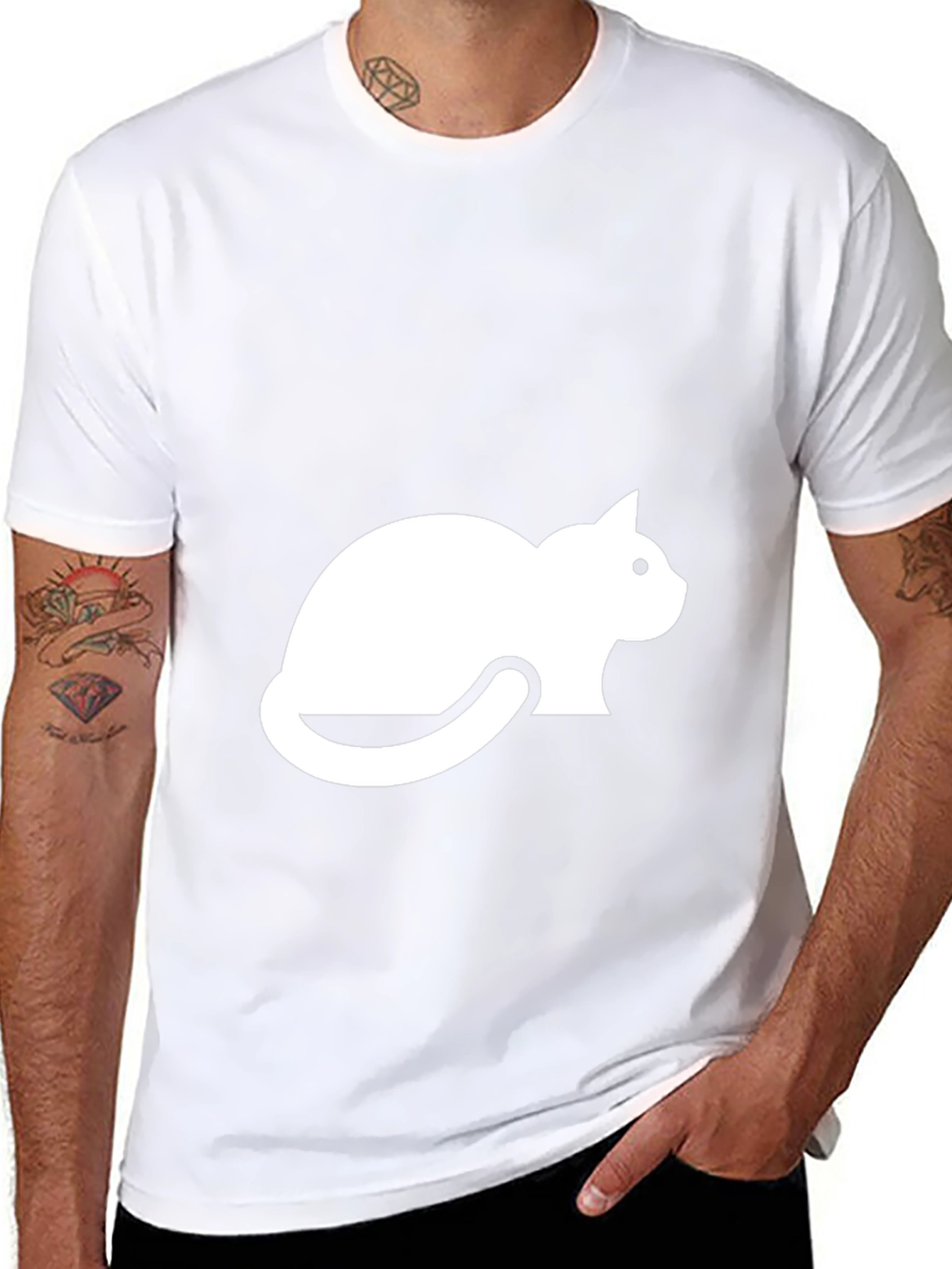 Mens Black T-shirt with White Cat Graphic