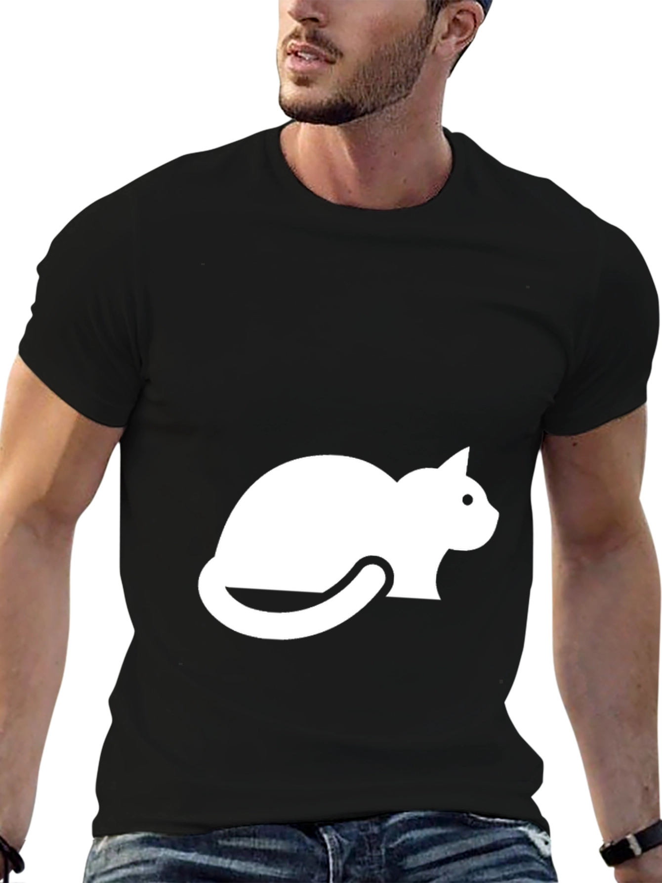 Mens Black T-shirt with White Cat Graphic