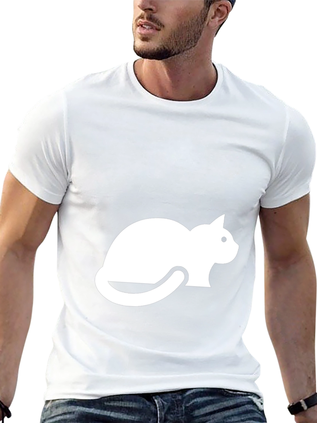 Mens Black T-shirt with White Cat Graphic