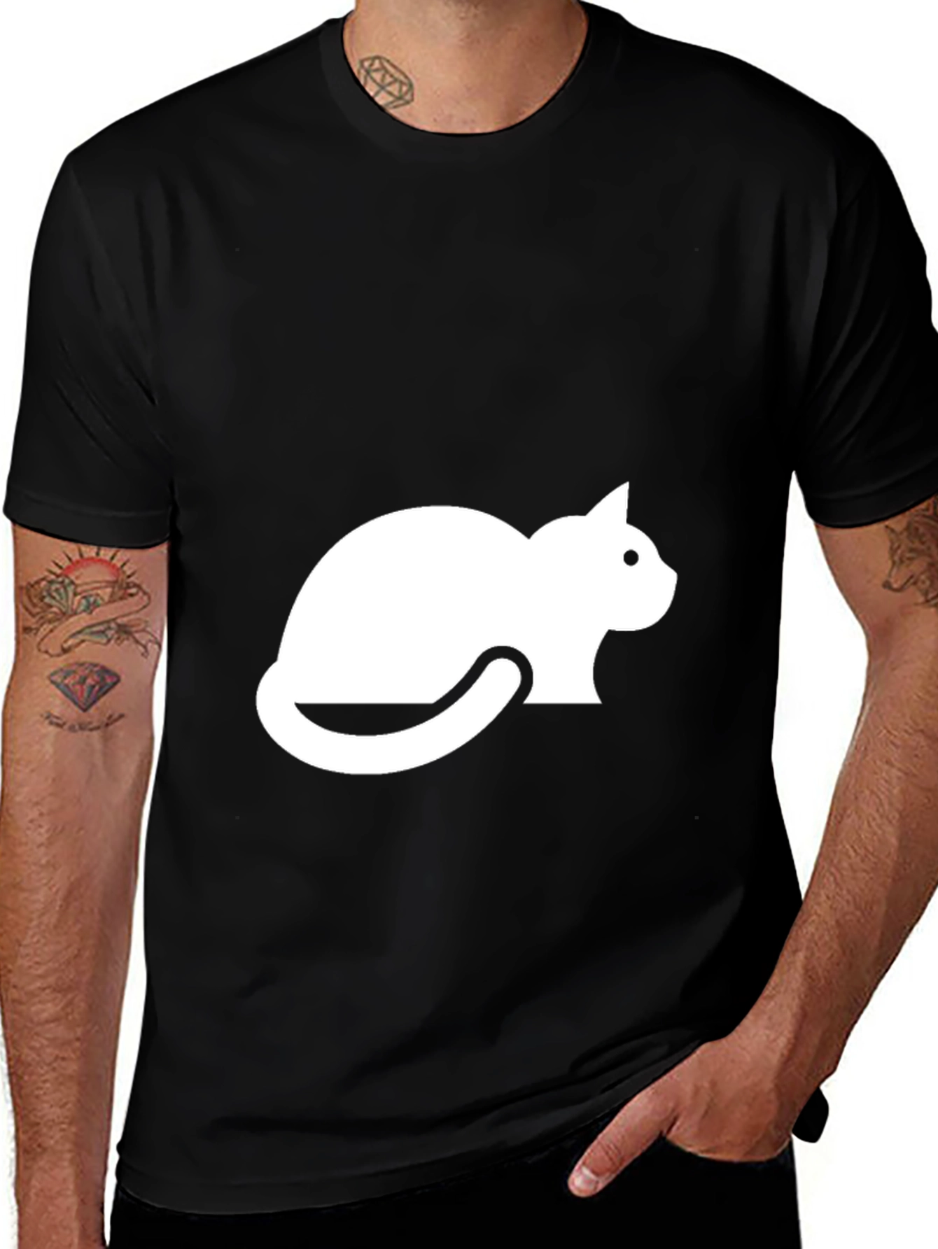 Mens Black T-shirt with White Cat Graphic