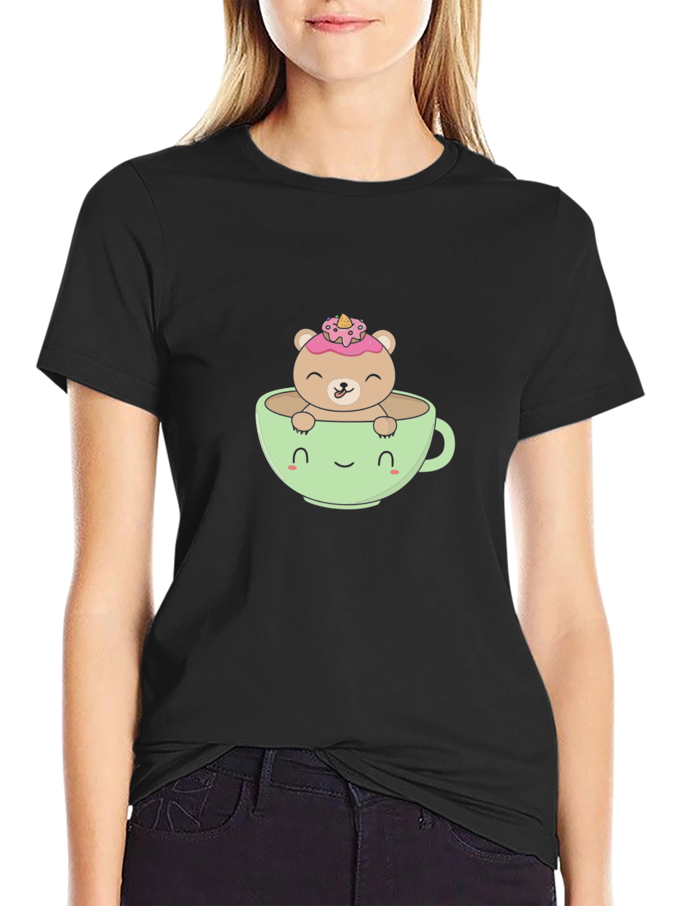 Cute Bear in Teacup Graphic Tee - Black