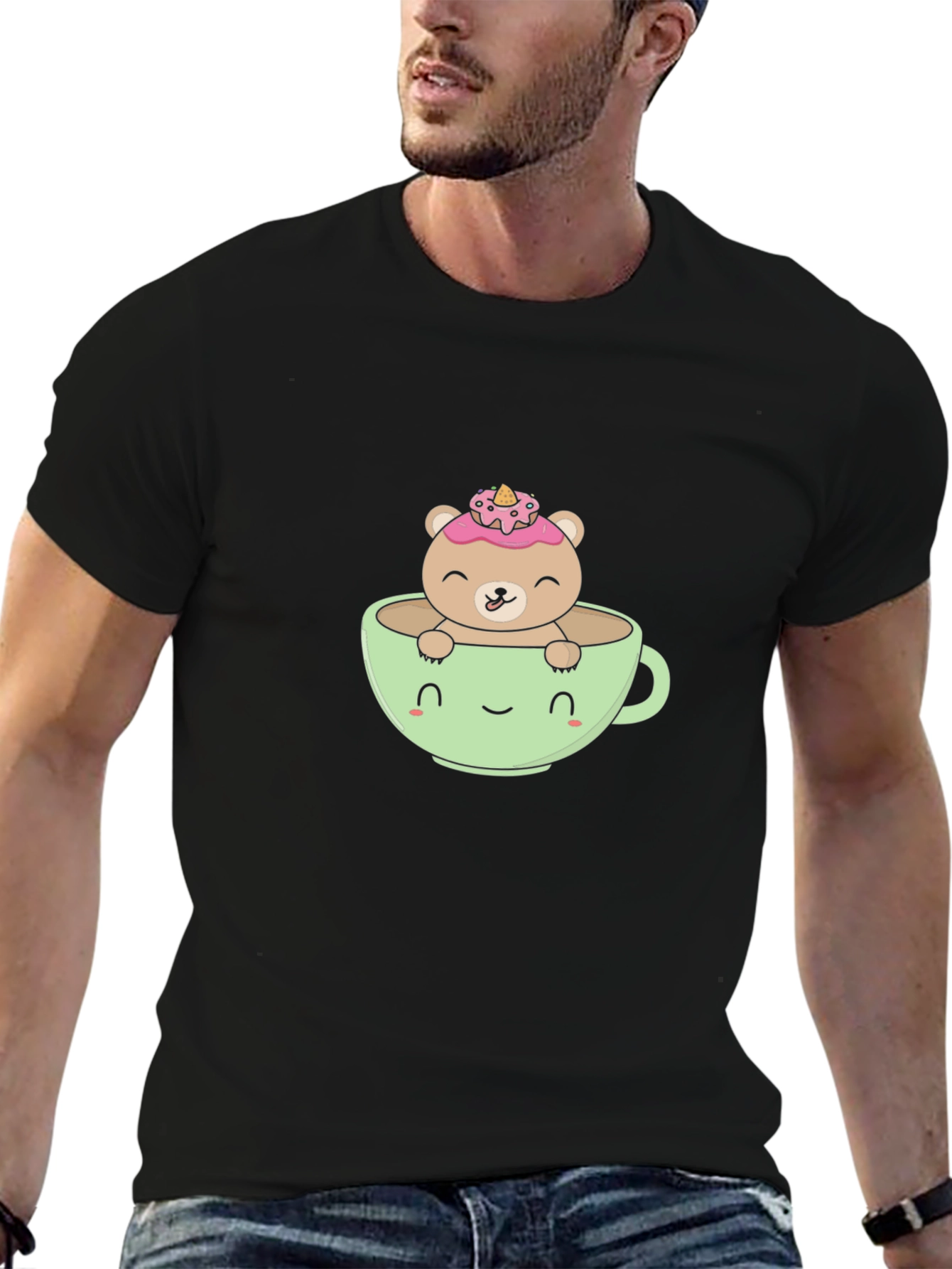 Cute Bear in Teacup Graphic Tee - Black