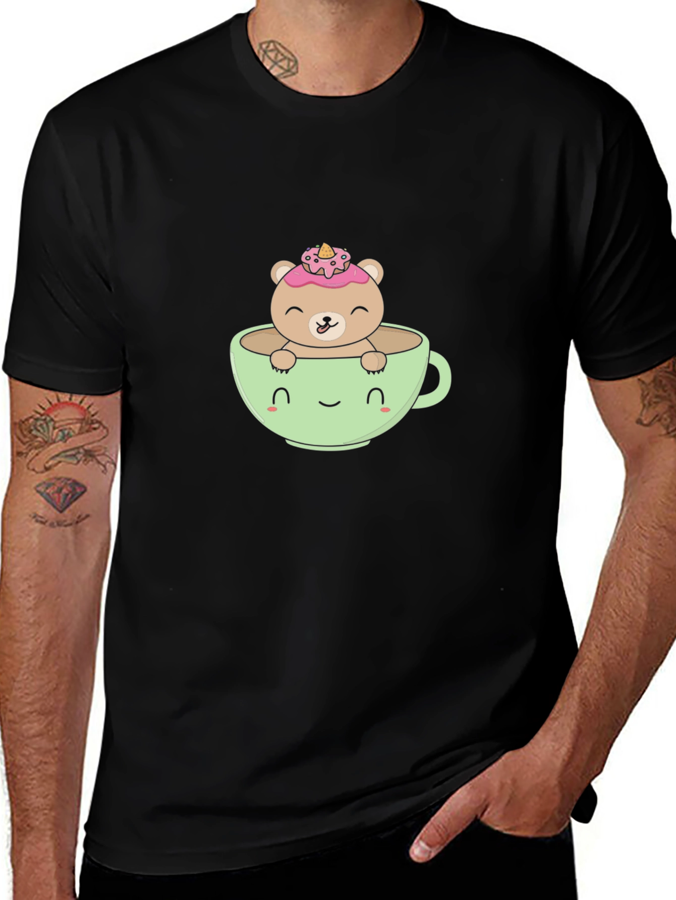 Cute Bear in Teacup Graphic Tee - Black
