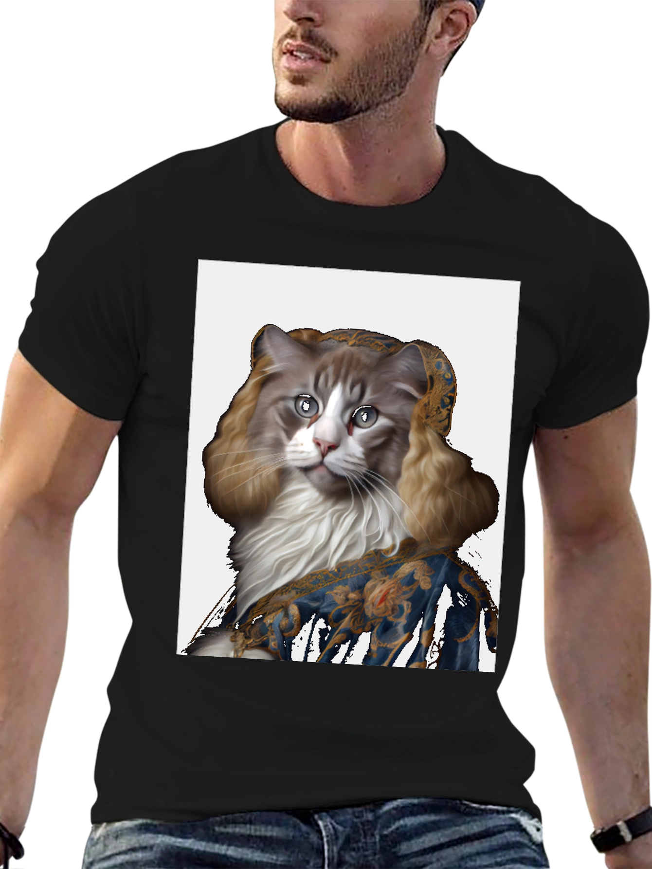 Renaissance Cat Portrait Black T-Shirt
