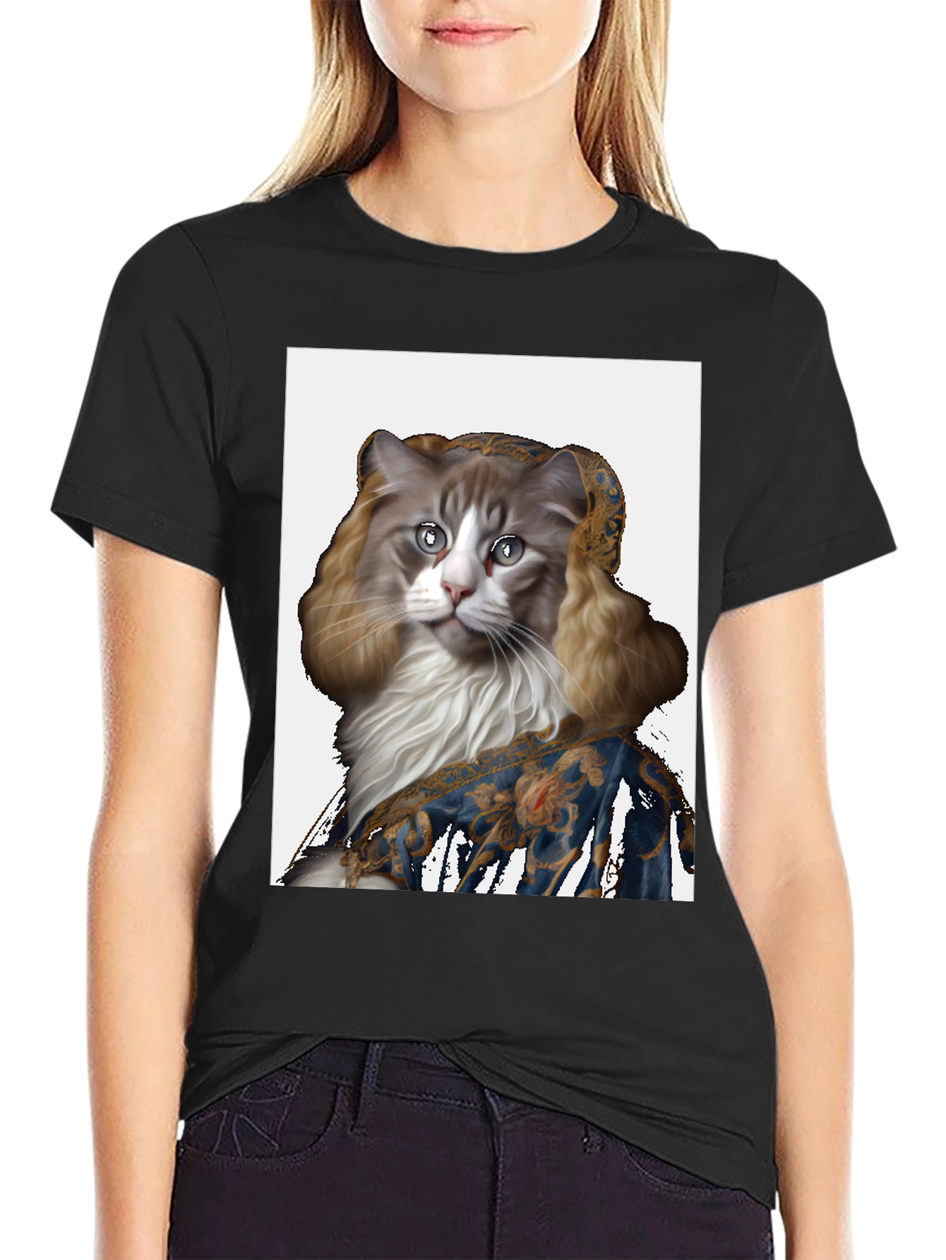 Renaissance Cat Portrait Black T-Shirt