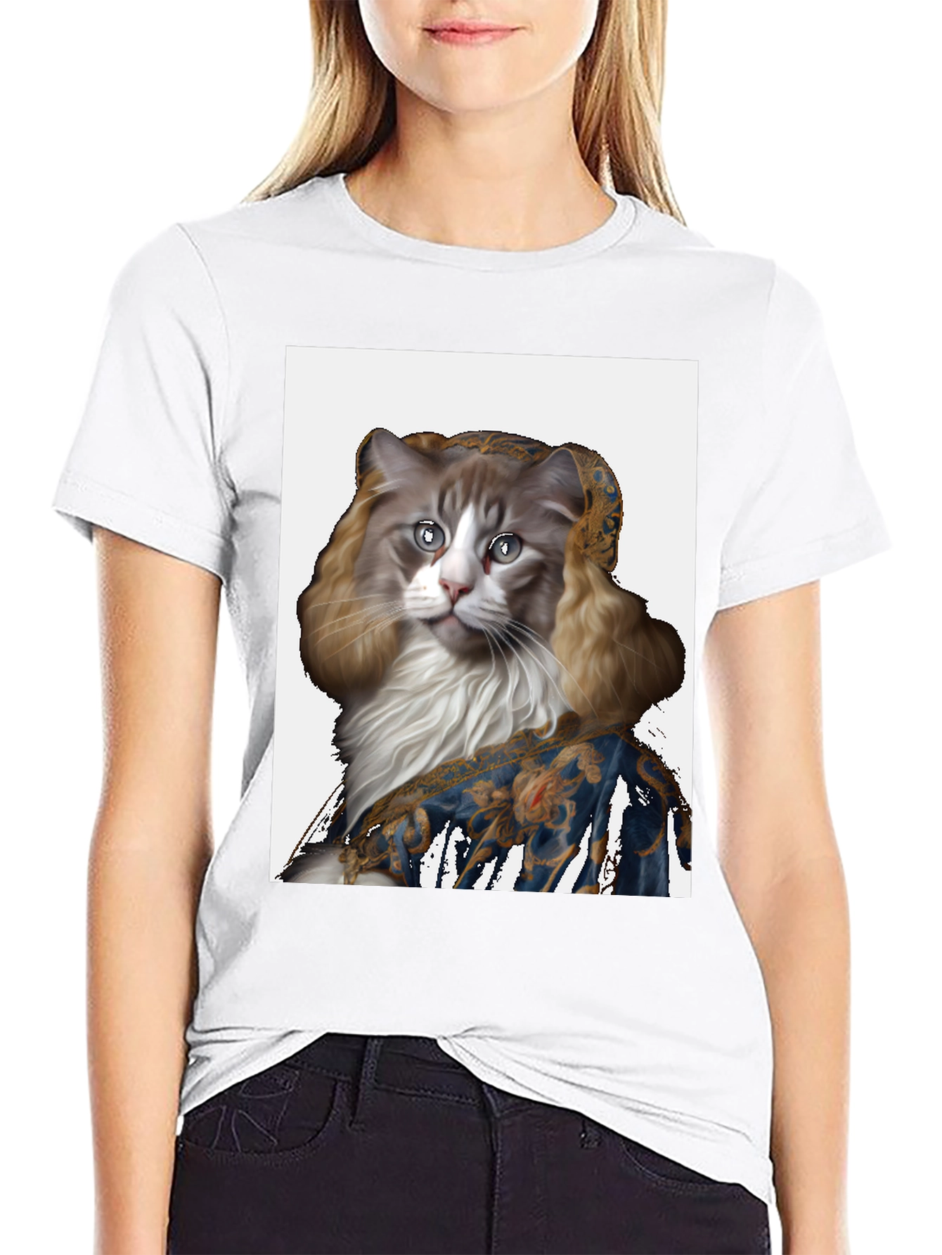 Renaissance Cat Portrait Black T-Shirt
