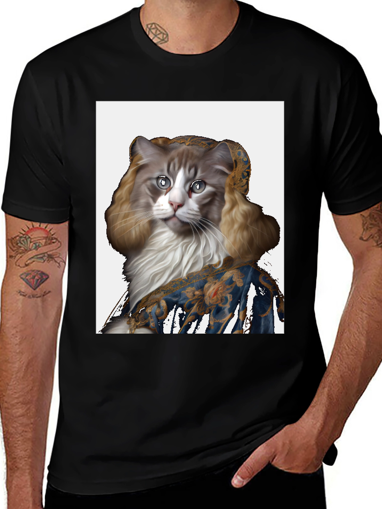 Renaissance Cat Portrait Black T-Shirt