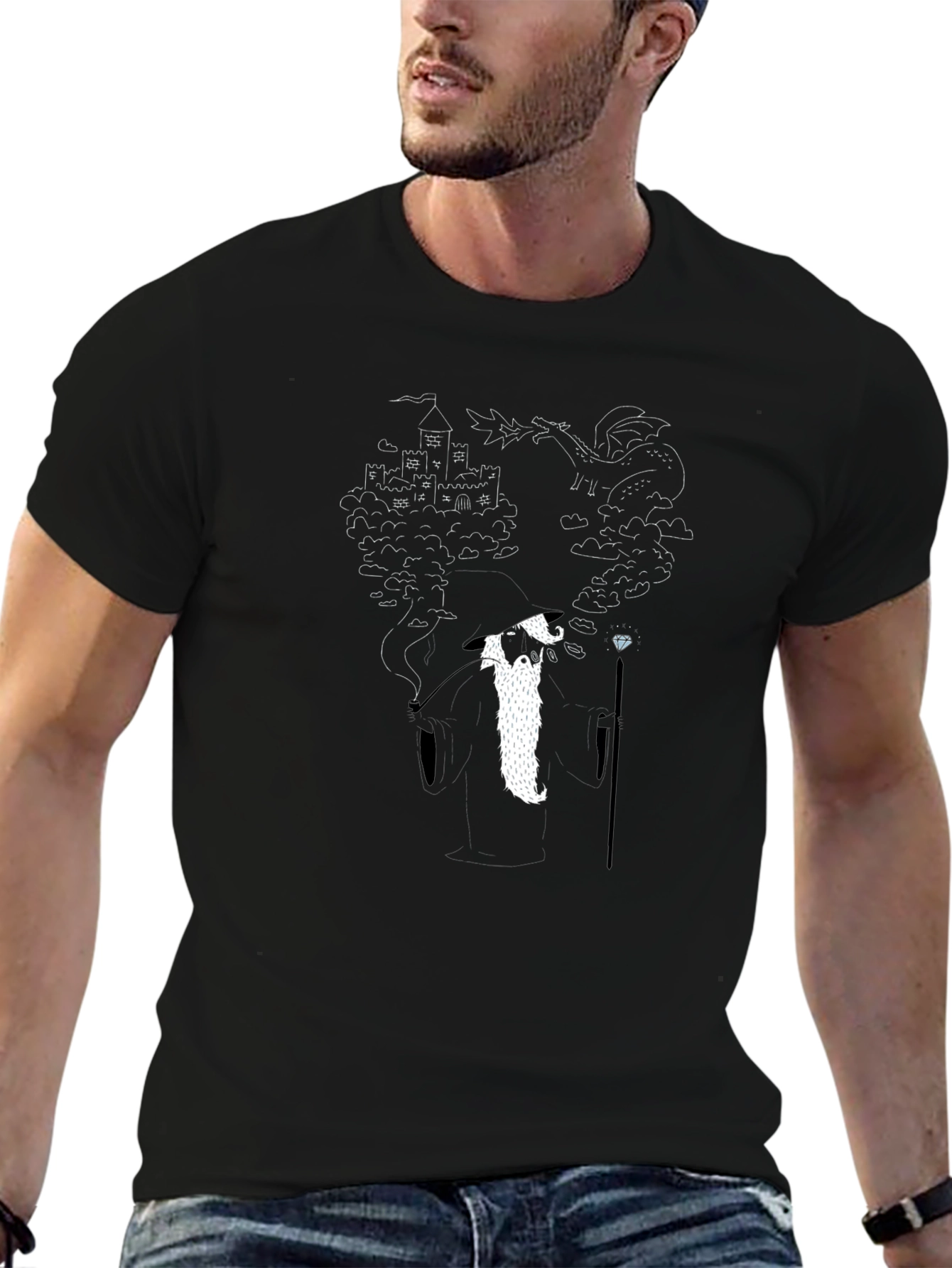 Wizard Dragon Castle Graphic Print Black T-Shirt