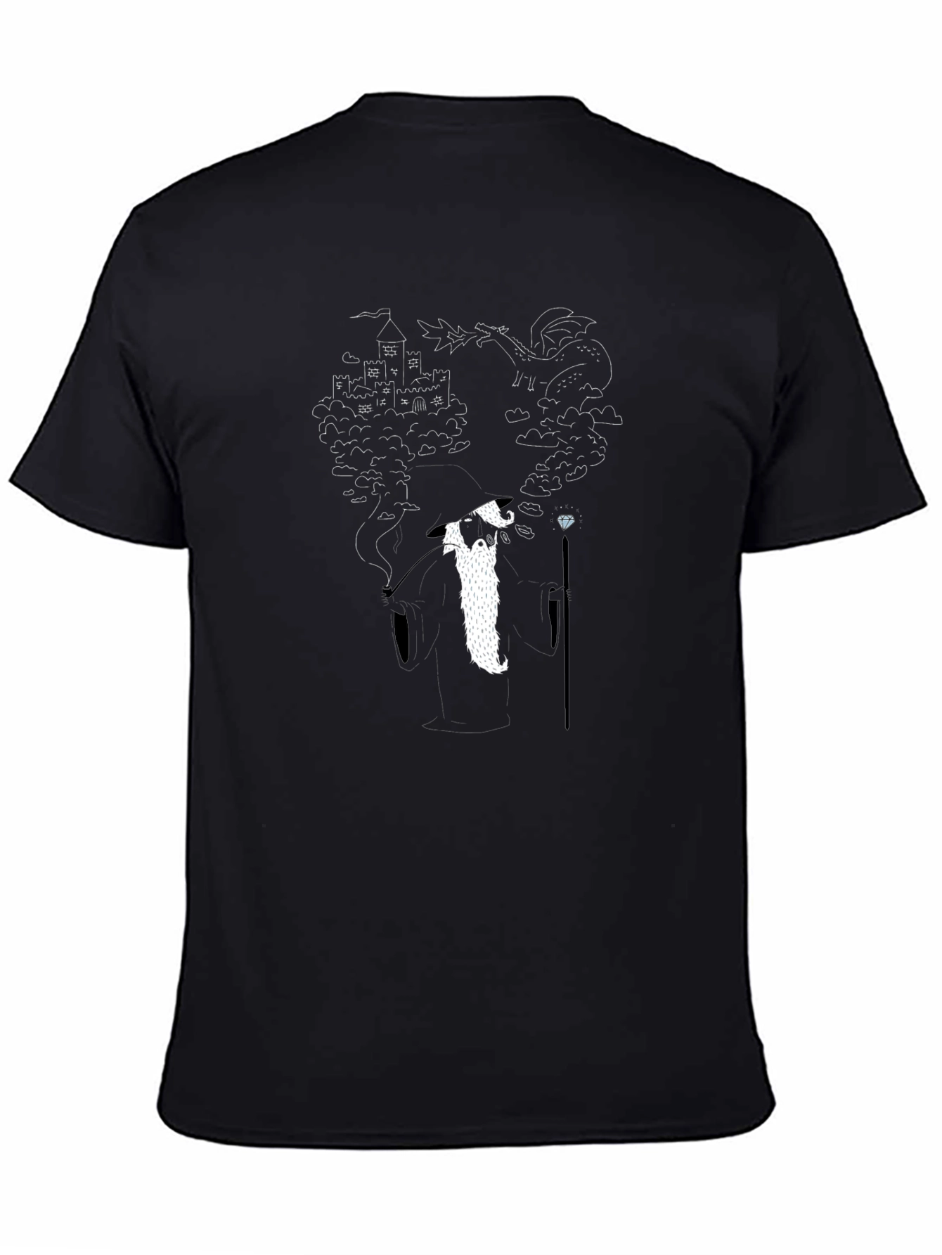 Wizard Dragon Castle Graphic Print Black T-Shirt
