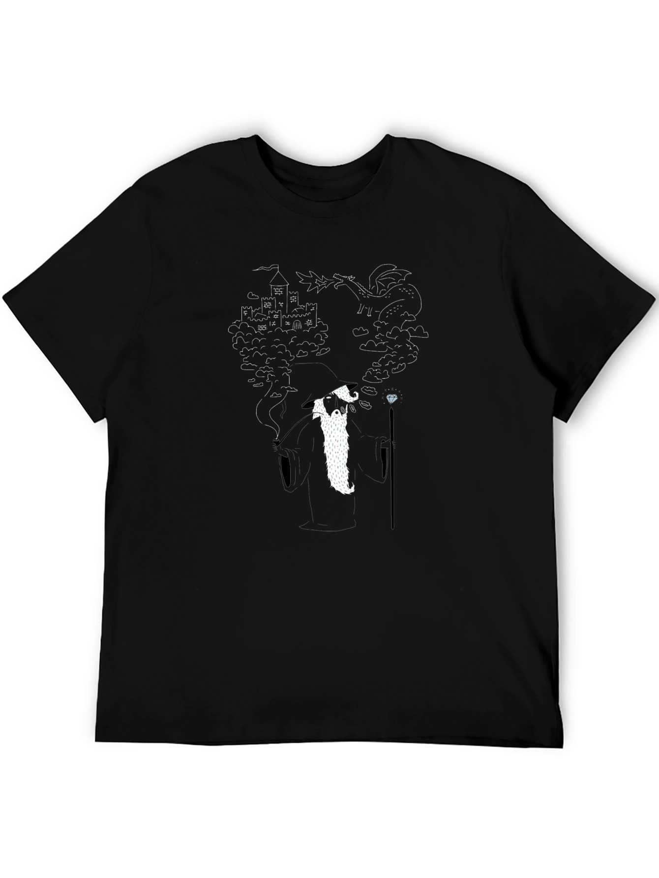 Wizard Dragon Castle Graphic Print Black T-Shirt