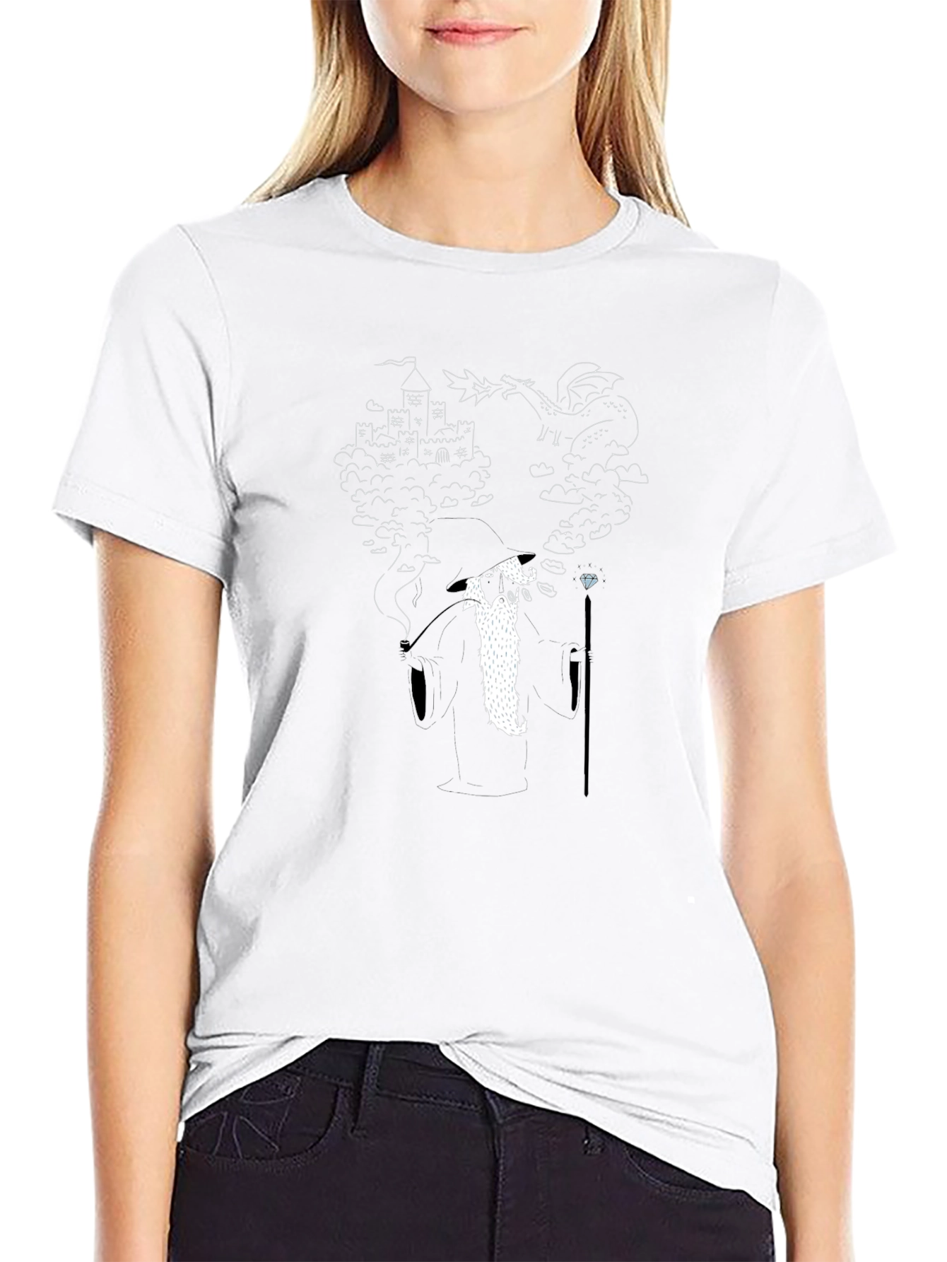Wizard Dragon Castle Graphic Print Black T-Shirt