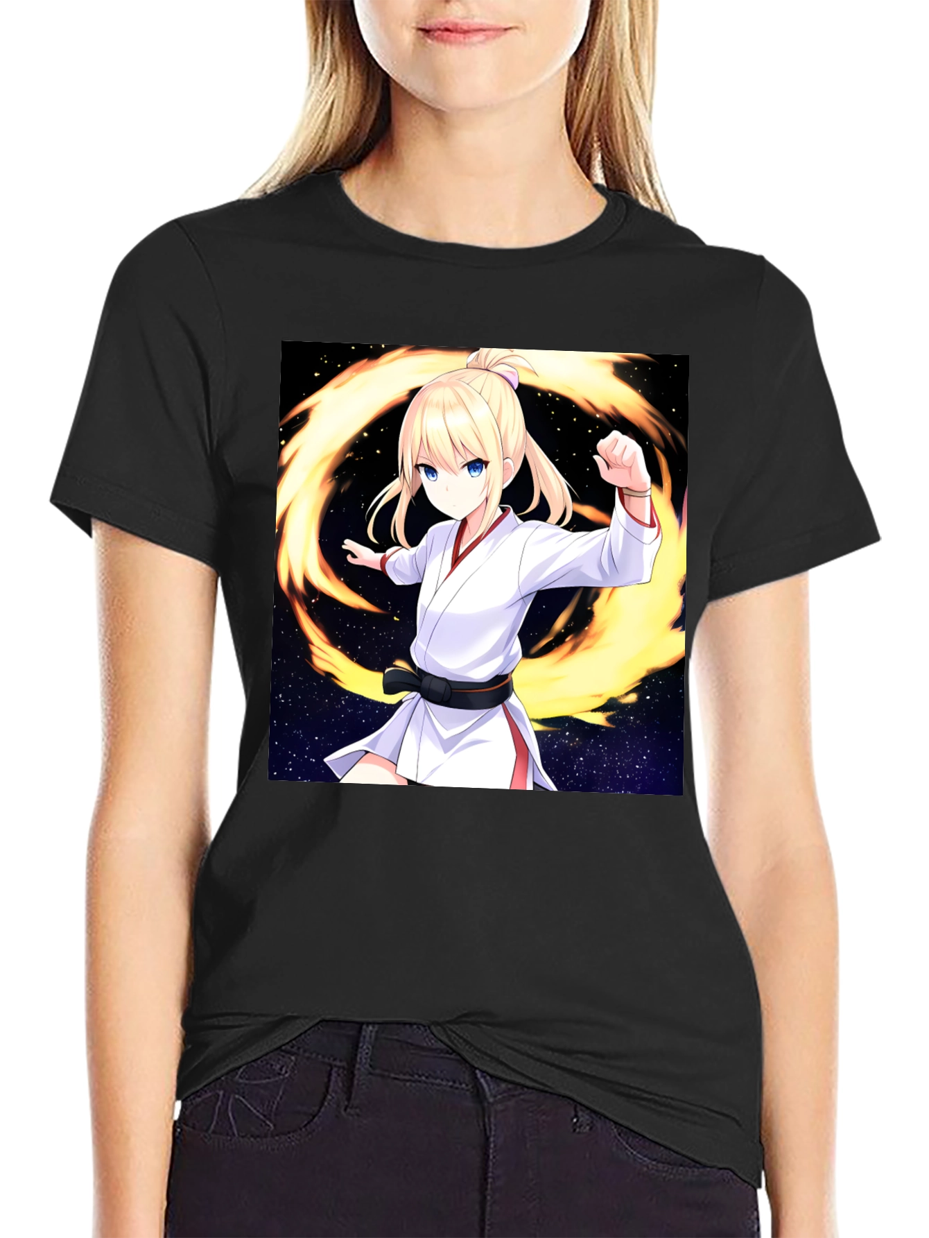 Anime Karate Girl Black T-Shirt