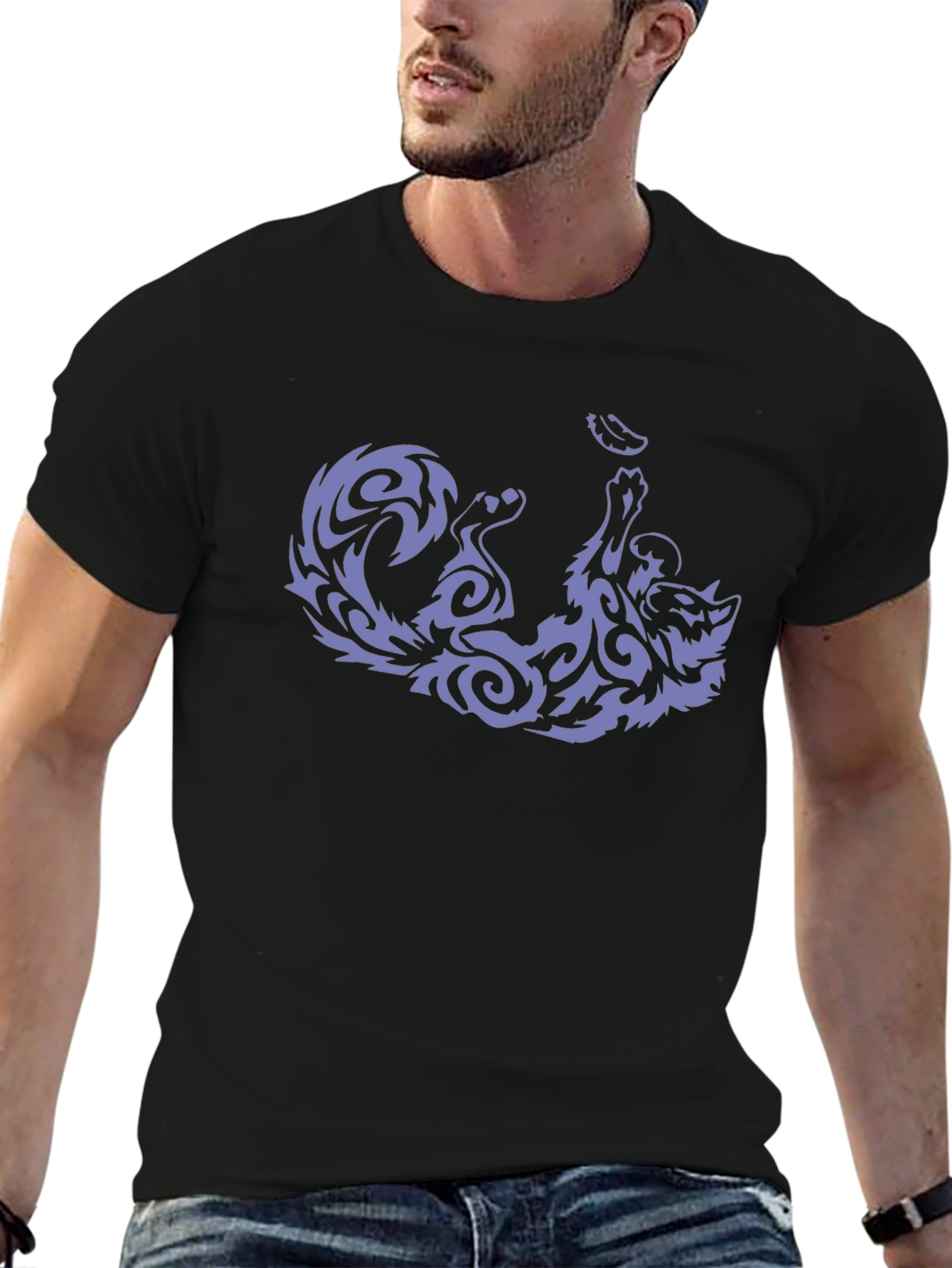 Tribal Cat Graphic Tee - Black Cotton Comfort