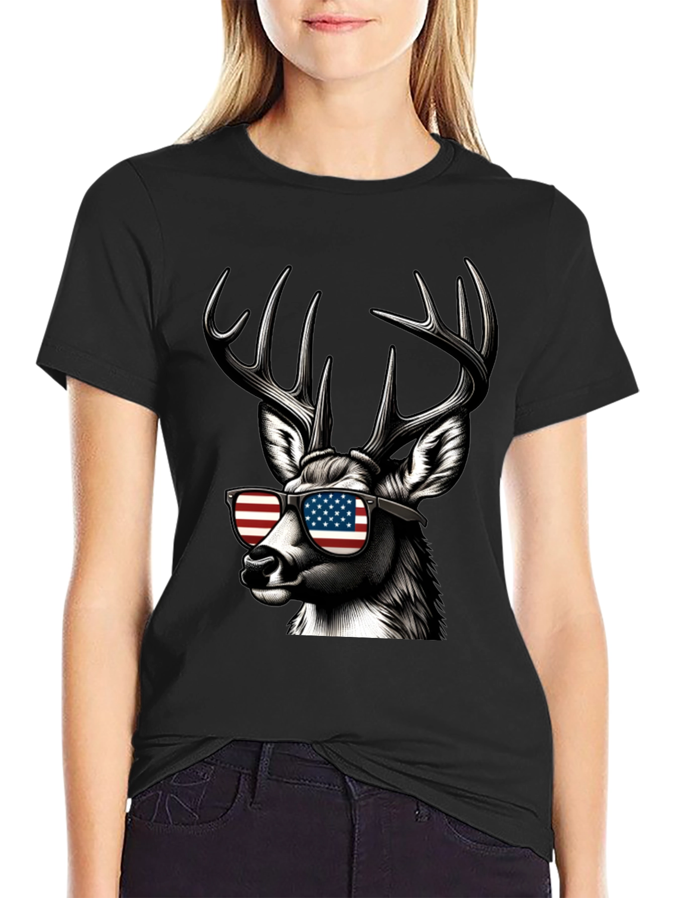 Patriotic Deer T-Shirt - American Flag Sunglasses